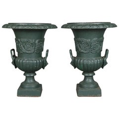 Pair of Classical Painted Cast Iron Garden Urns, 20th Century