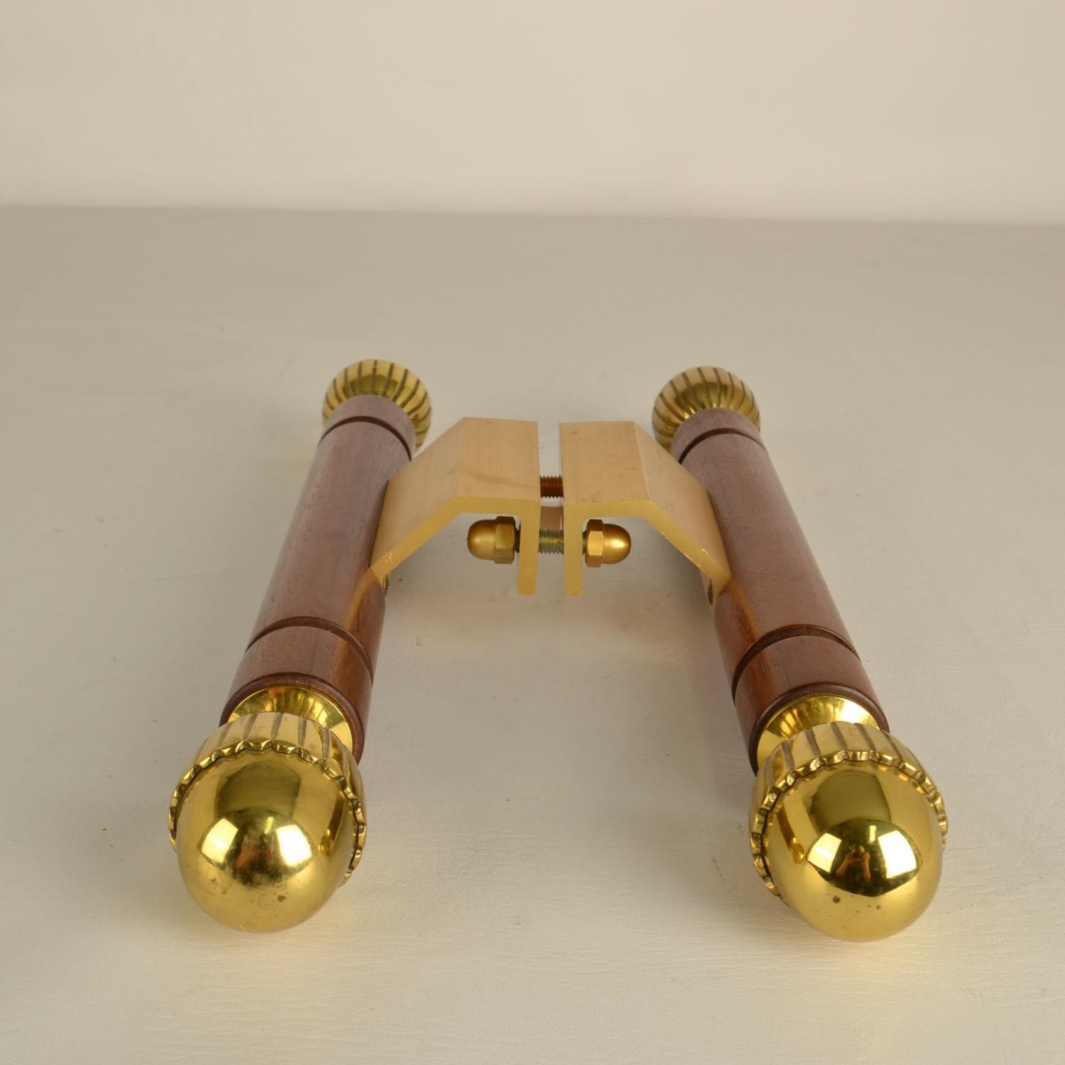 Cast Pair of Classical Push Pull Door Handles in Bronze and Wood For Sale
