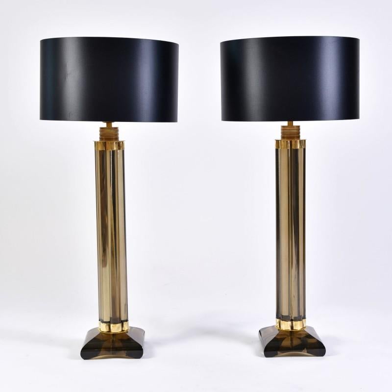 Pair of Classical Shaped Clear Murano Glass Table Lamps with Hand-Painted Shades 4