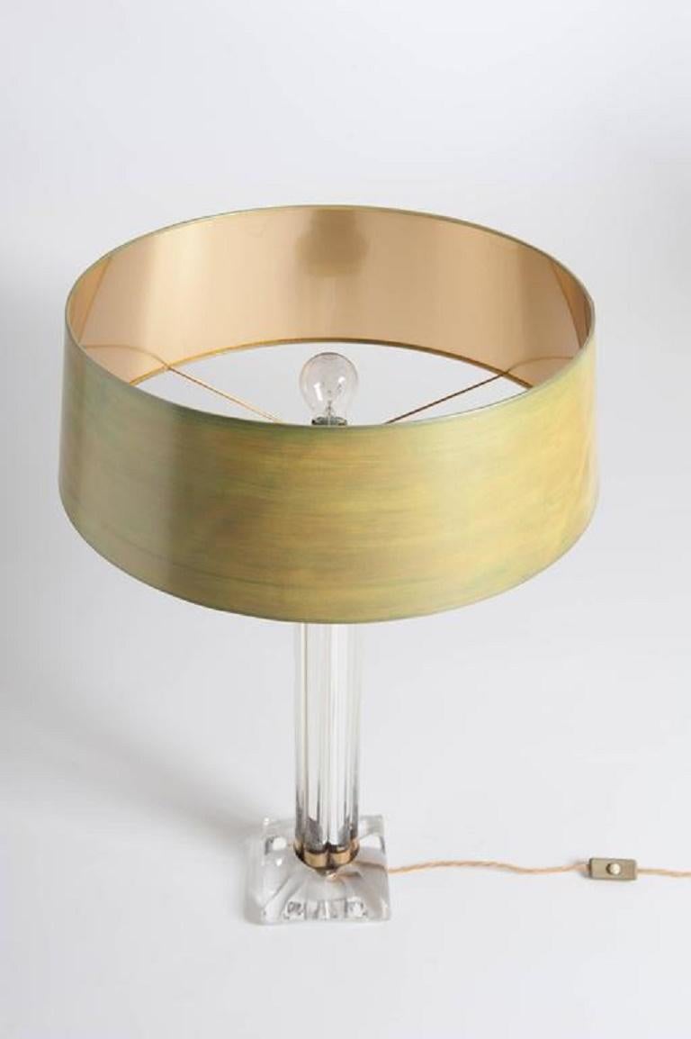 Italian Pair of Classical Shaped Clear Murano Glass Table Lamps with Hand-Painted Shades