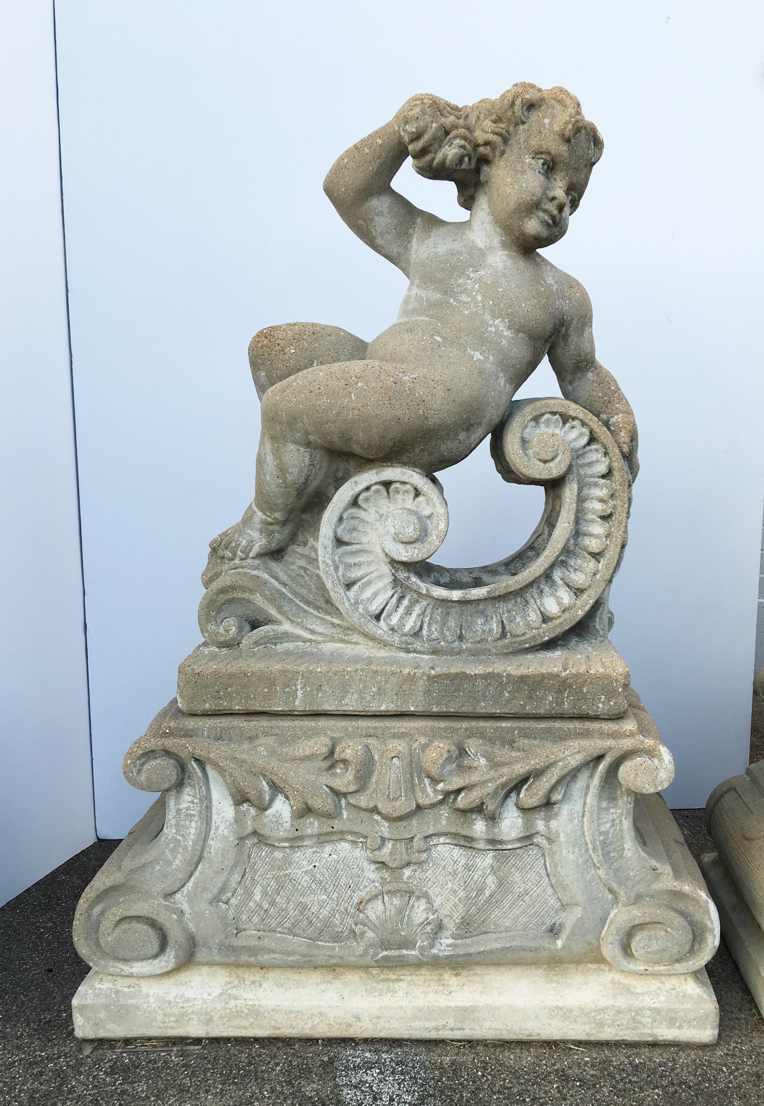 Pair of Classical Stone Composite Putti Garden Statues Holding Roses and Cloth For Sale 2