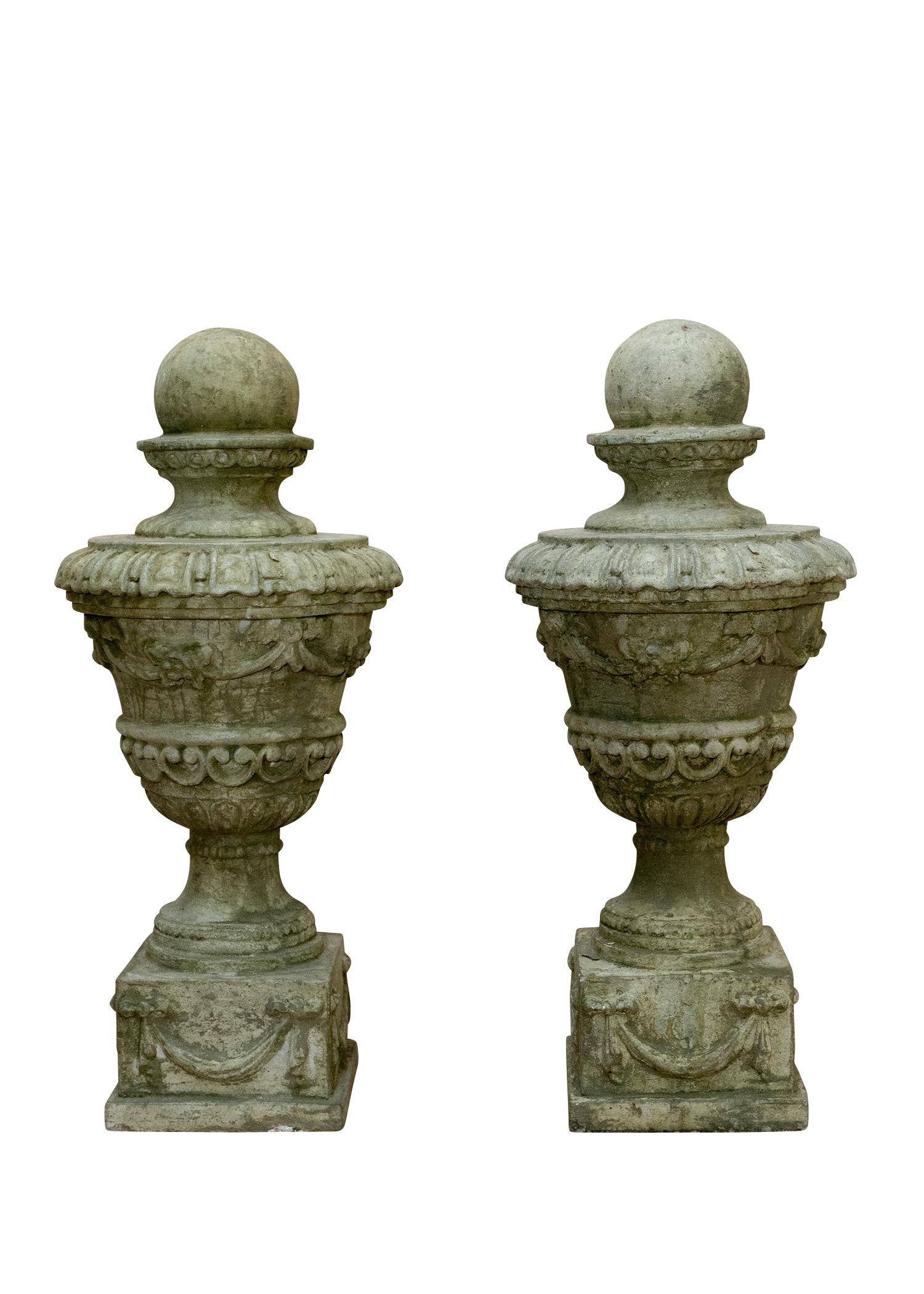 Classical Roman Pair of Classical Stone Finials with Ball Top, Swag and Bow Decoration