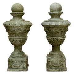 Pair of Classical Stone Finials with Ball Top, Swag and Bow Decoration