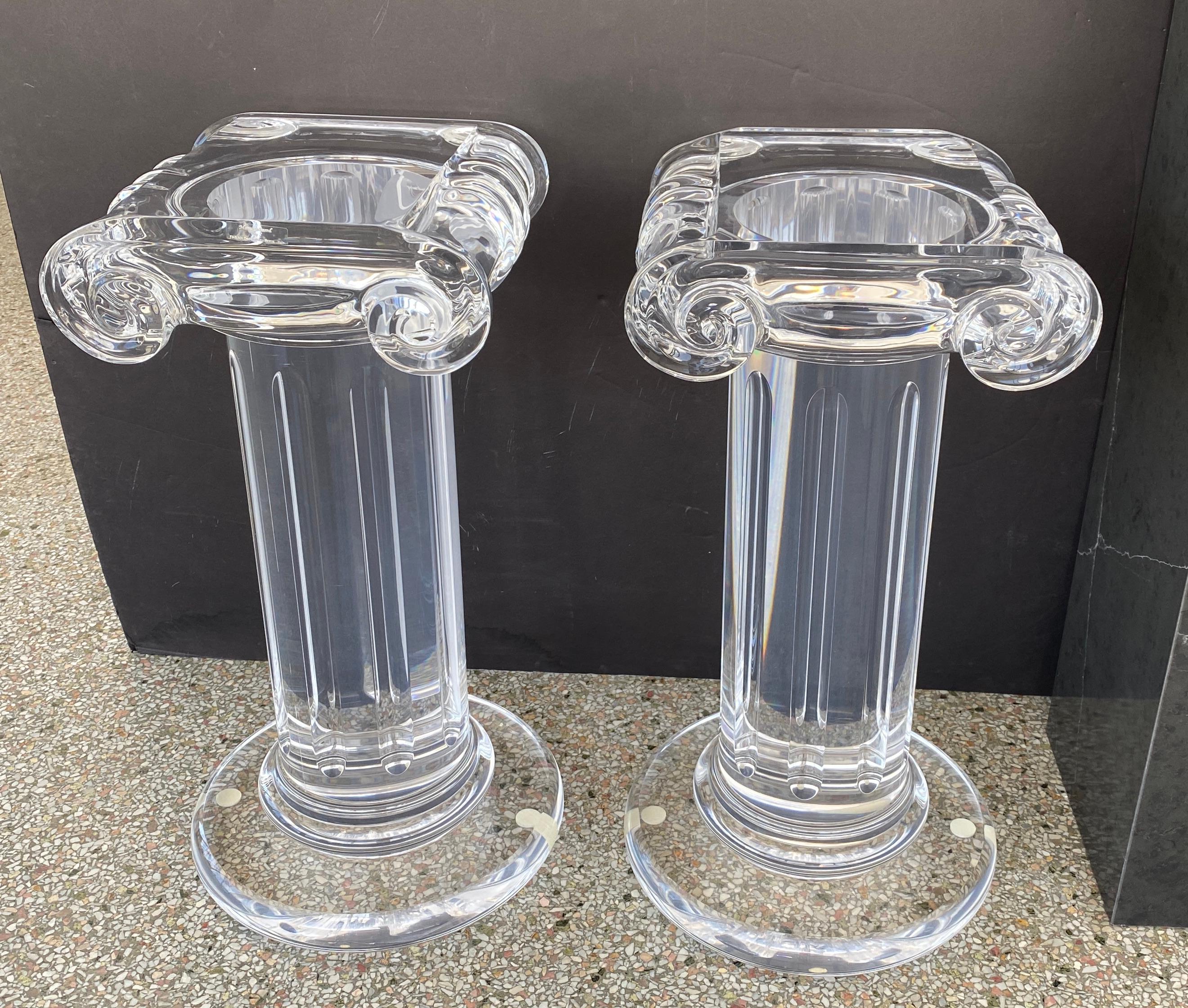 Polished Pair of Classical Style Lucite Pedestals For Sale