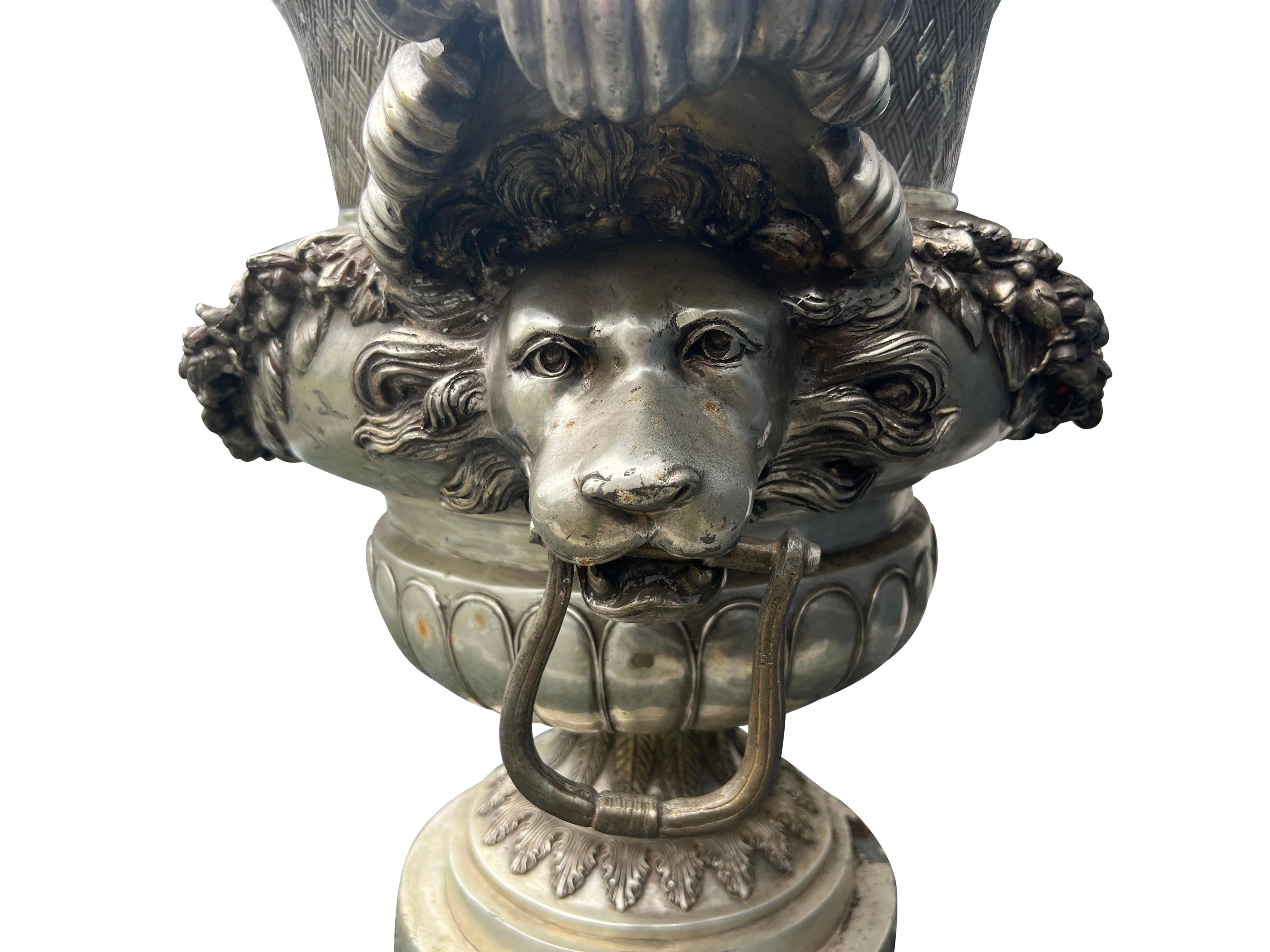 Pair Of Classical Style Silvered Metal Garden Urns For Sale 4