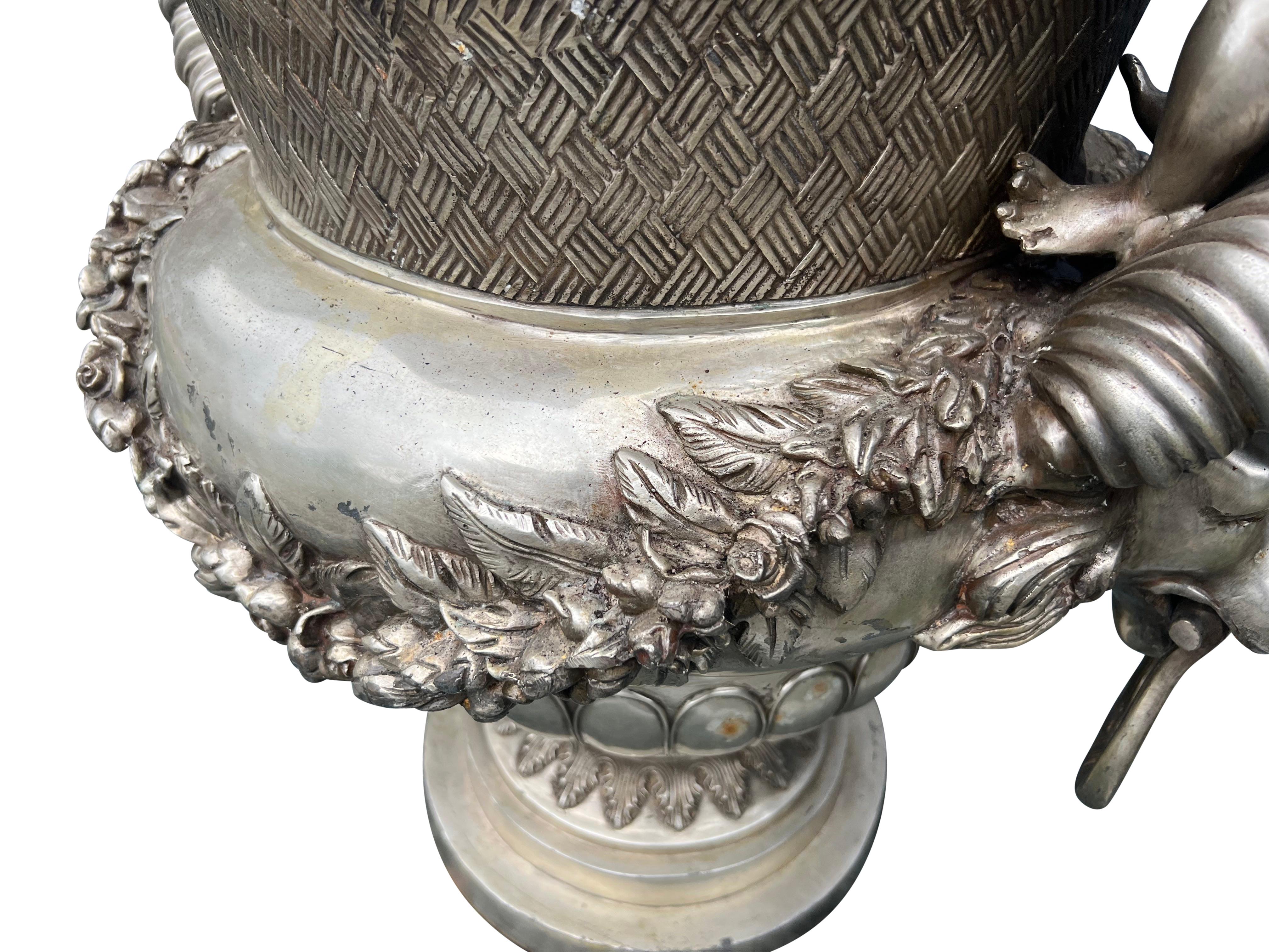 Pair Of Classical Style Silvered Metal Garden Urns For Sale 5