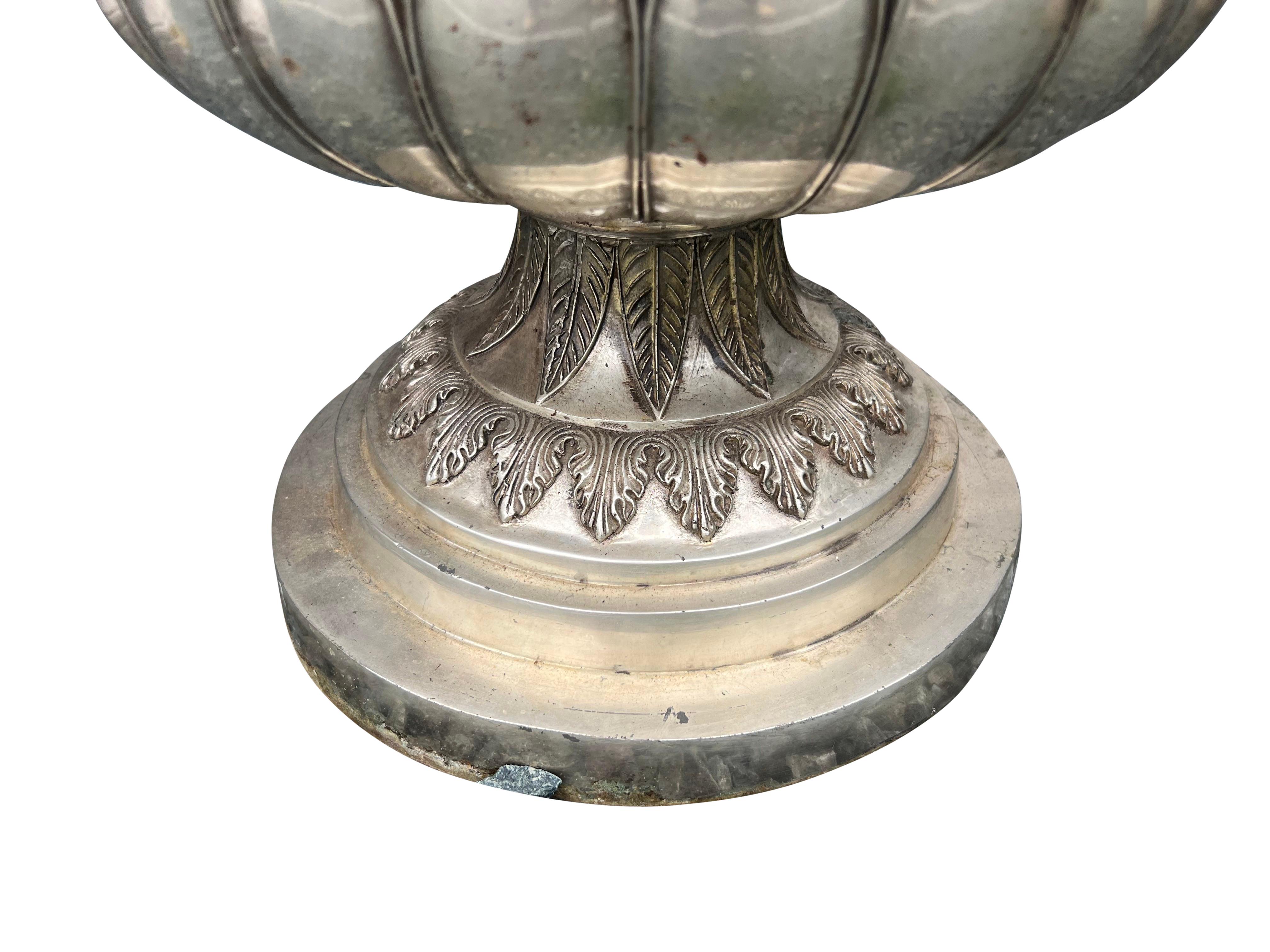 Pair Of Classical Style Silvered Metal Garden Urns For Sale 6