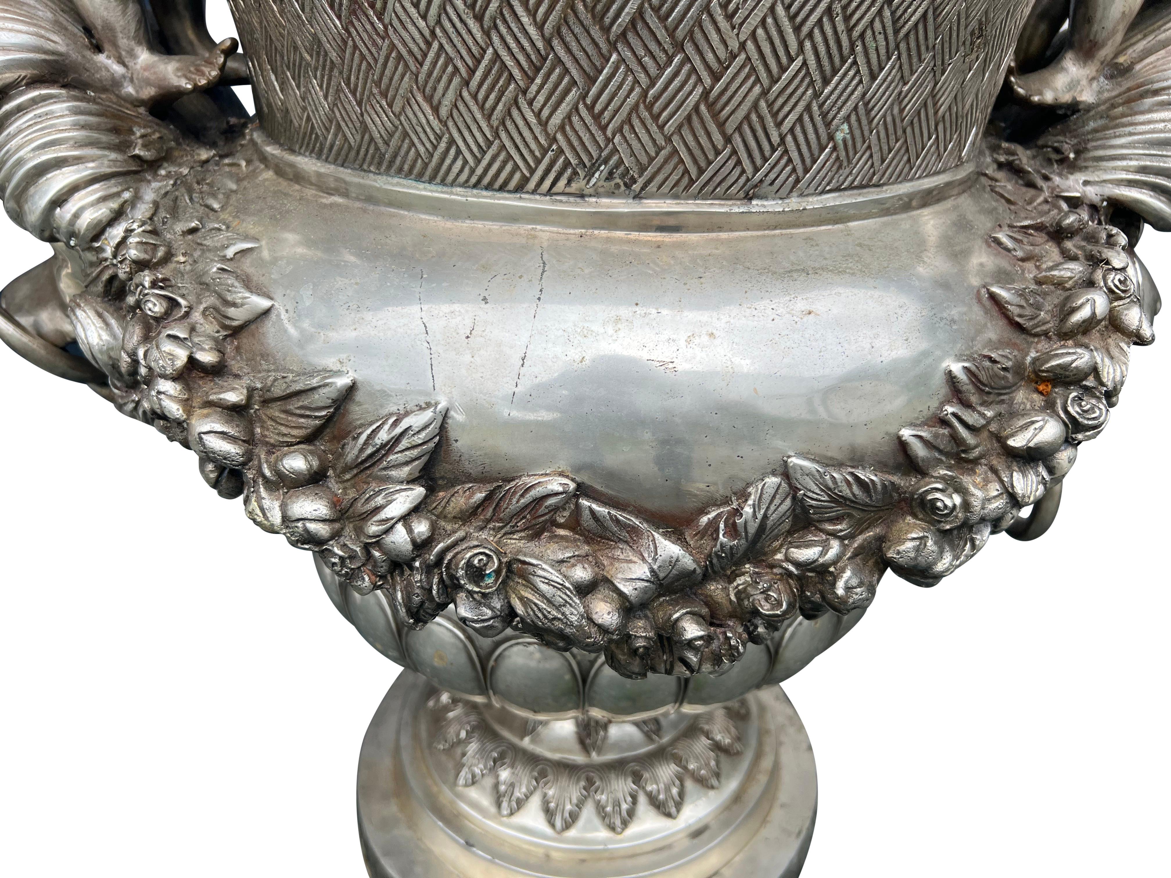 Pair Of Classical Style Silvered Metal Garden Urns For Sale 7