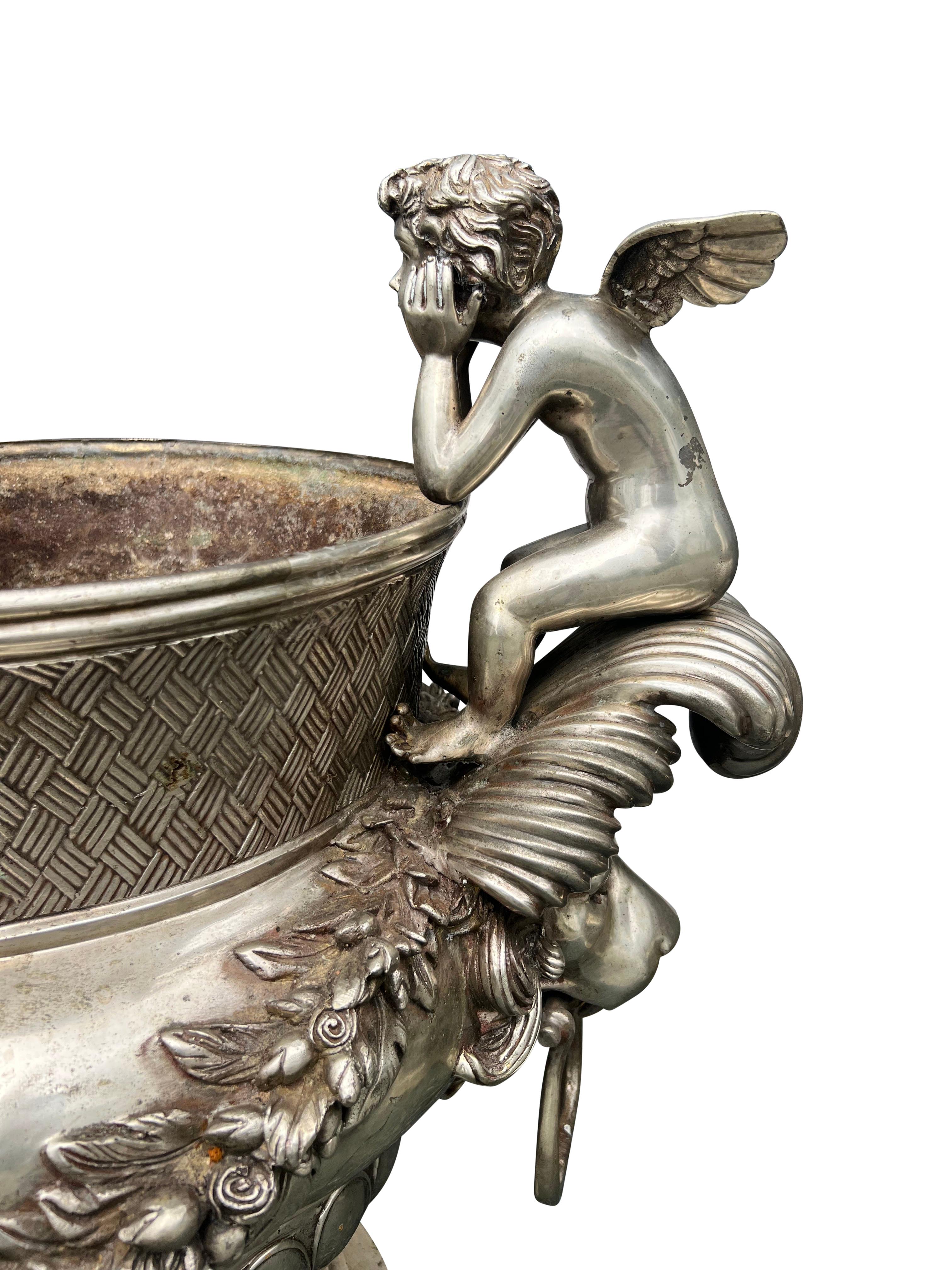 Pair Of Classical Style Silvered Metal Garden Urns For Sale 9