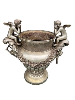 Pair Of Classical Style Silvered Metal Garden Urns