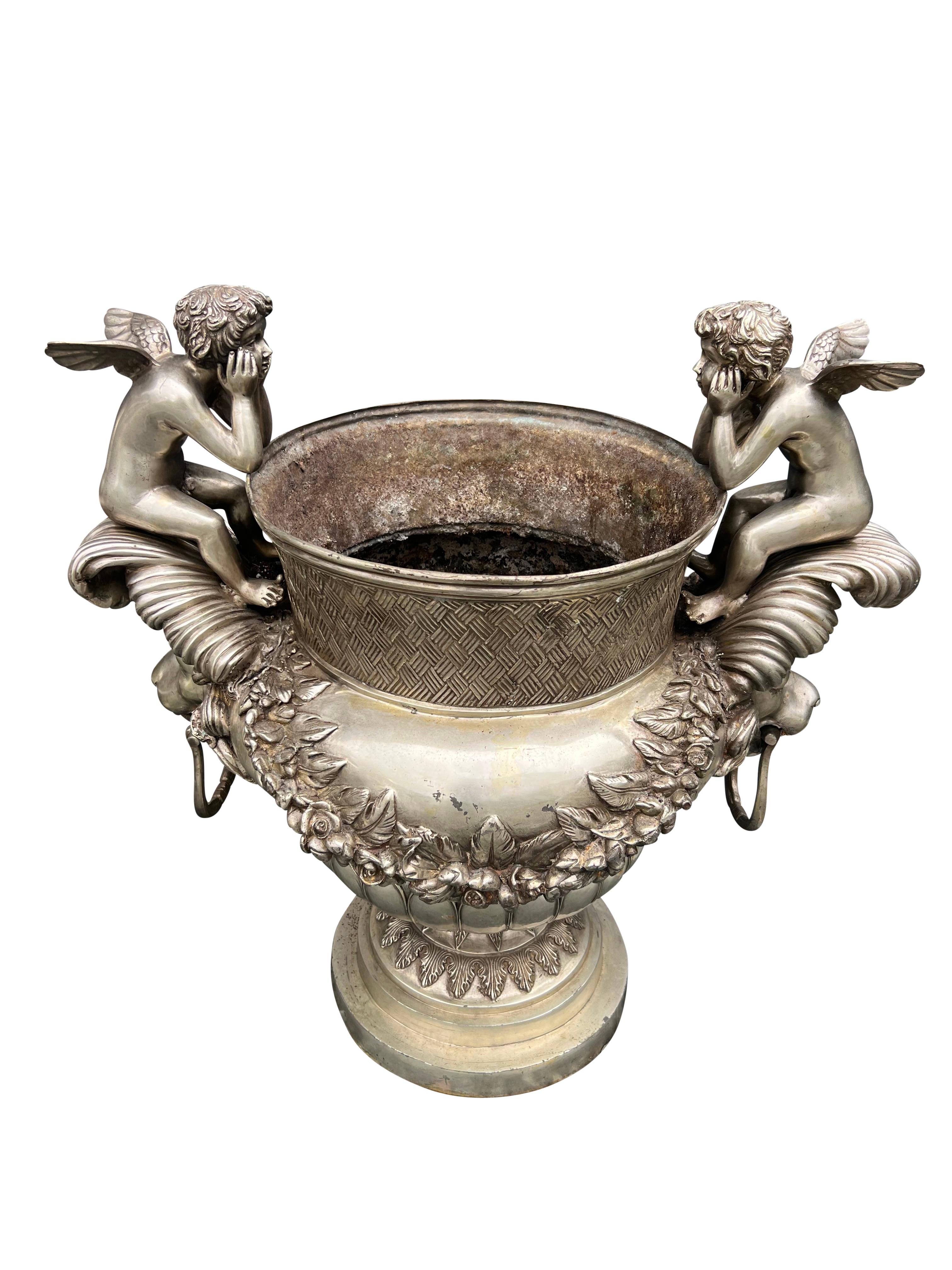 Louis XVI Pair Of Classical Style Silvered Metal Garden Urns For Sale