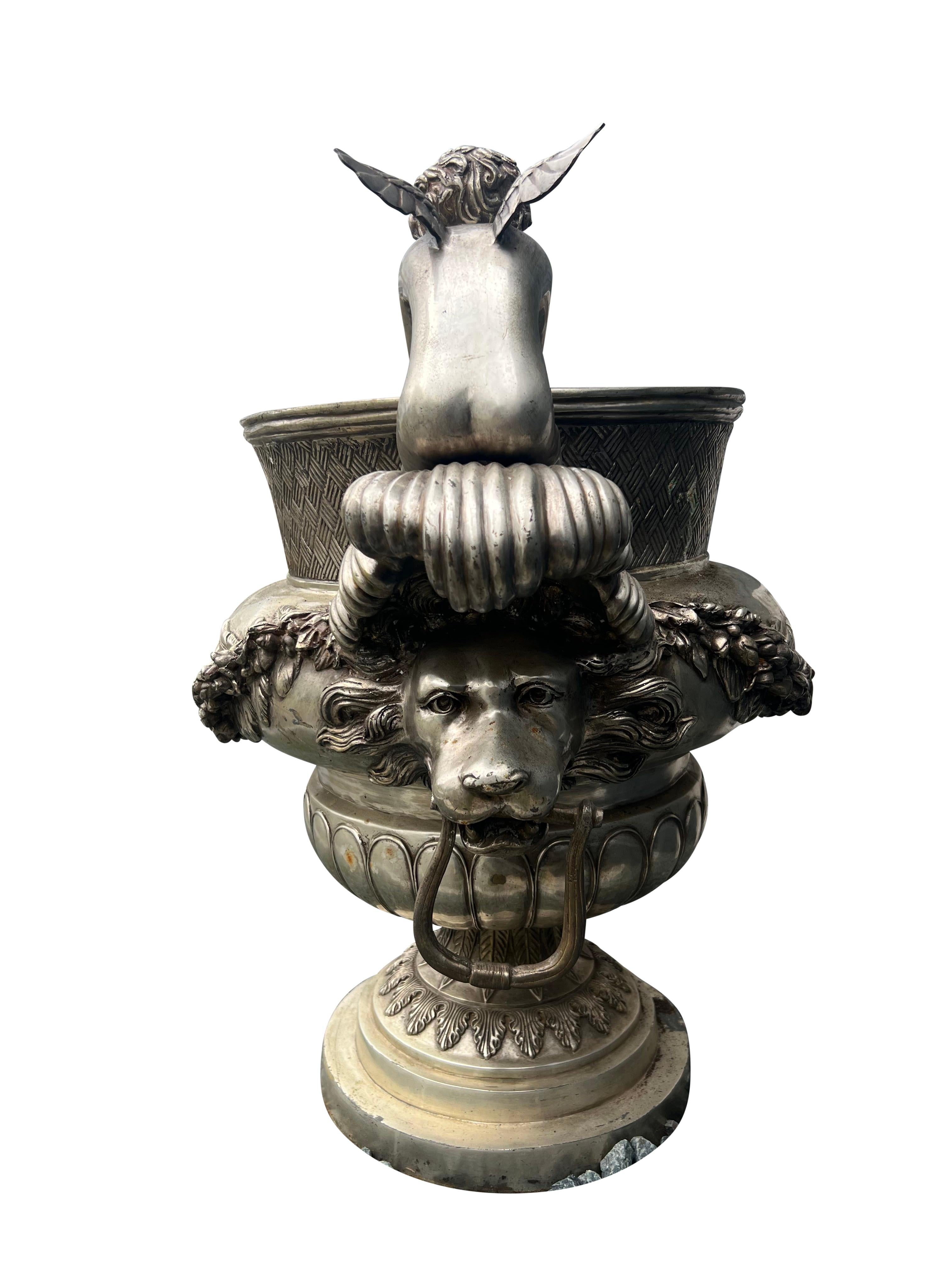 Pair Of Classical Style Silvered Metal Garden Urns For Sale 1
