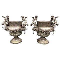 Used Pair Of Classical Style Silvered Metal Garden Urns