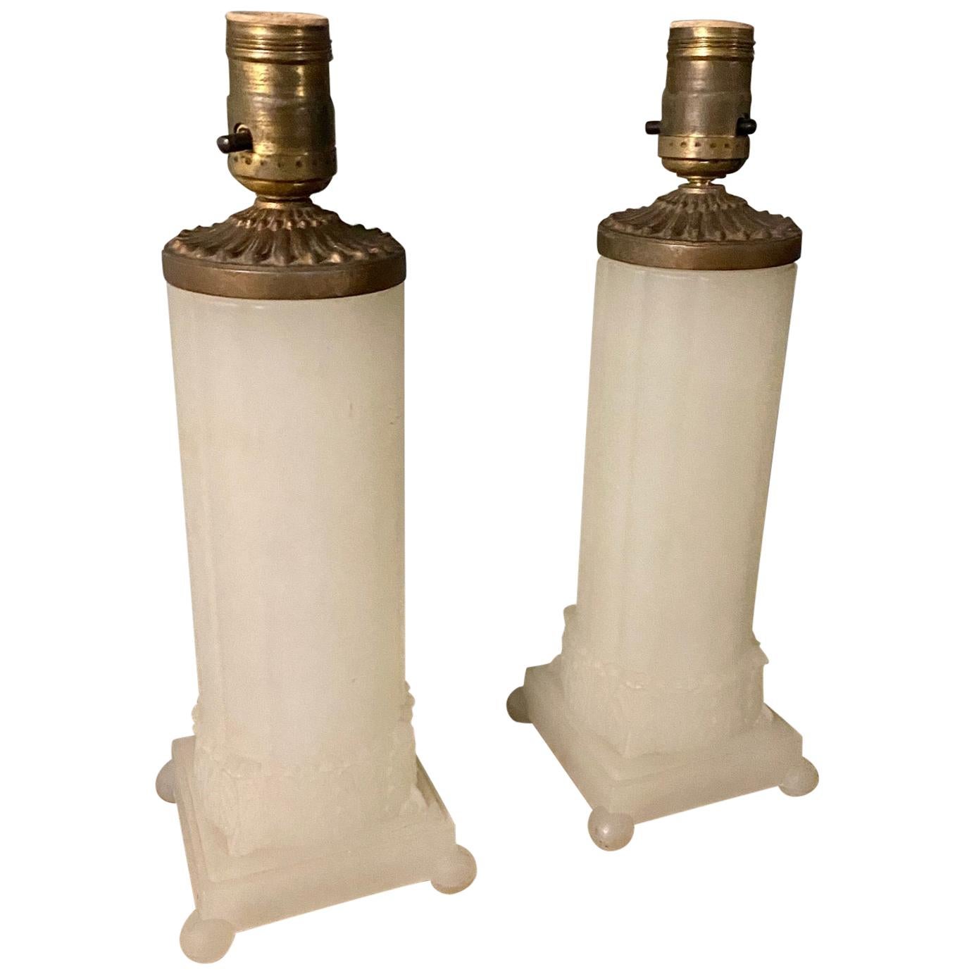 Pair of Classical White "Alabaster" Like Moonstone Lamps