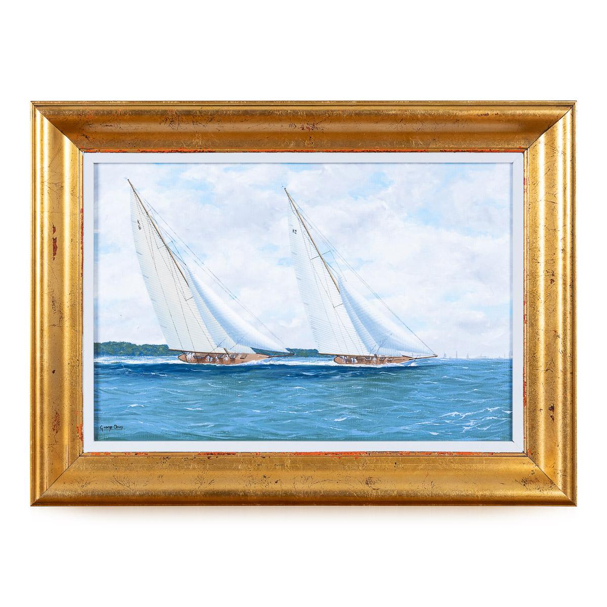 Pair of oil on board paintings of Classic Racing Yachts, signed by George Drury (British 1950-): 'Britannia and Yankee Duelling on the Solent 1935', and 'Candida and Astra, The West Country Regatta 1935'.

CONDITION
In great condition - no signs