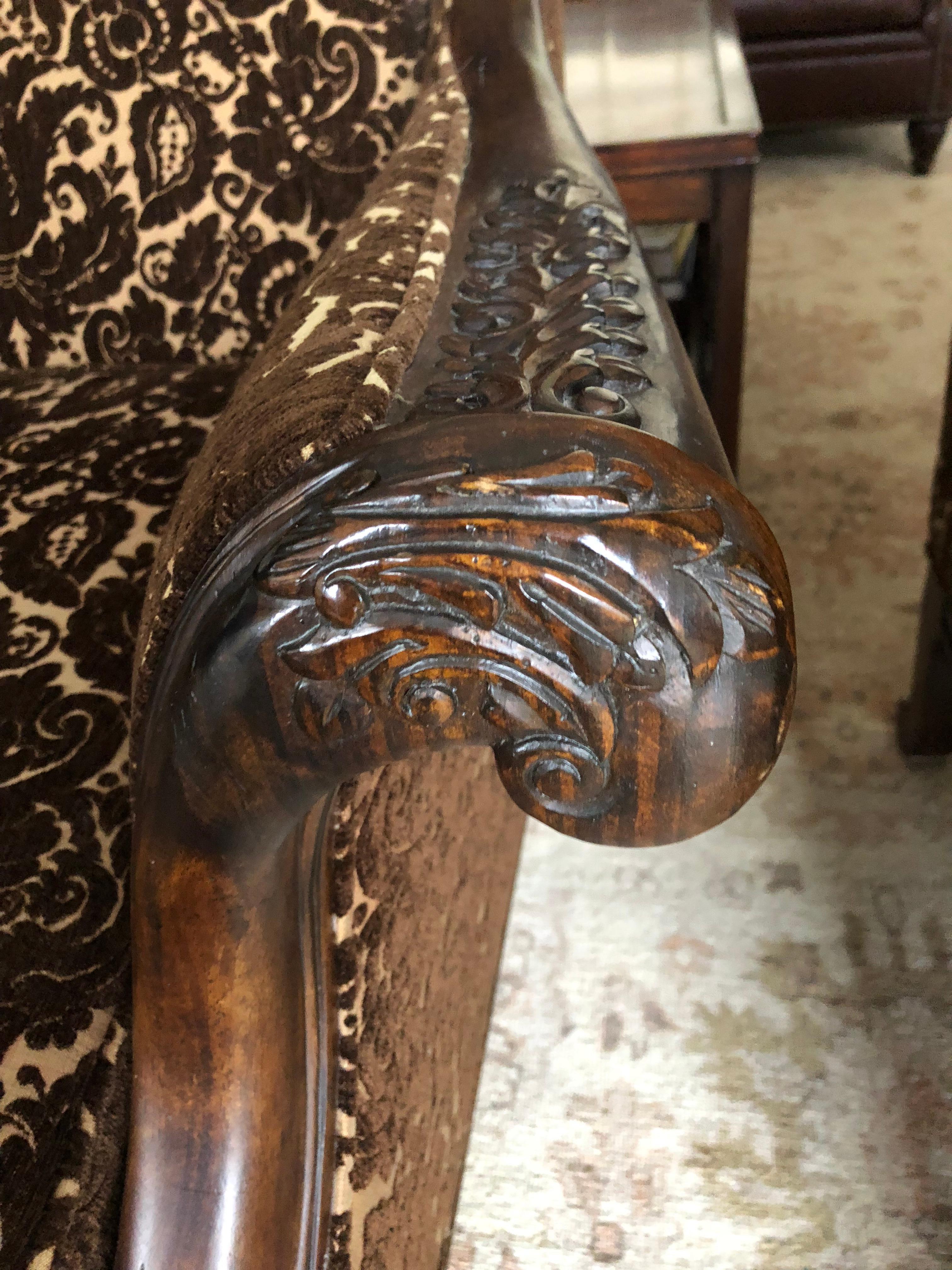 Pair of Classically Beautiful Carved Walnut and Upholstered Club Chairs 4