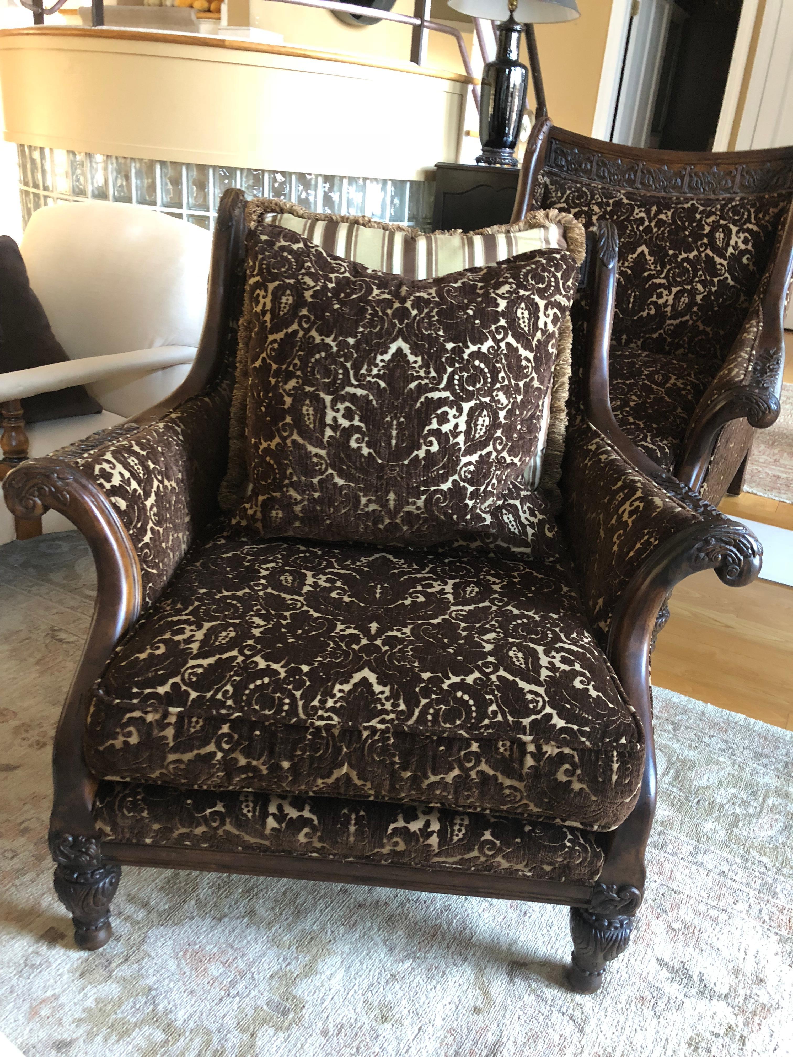 American Classical Pair of Classically Beautiful Carved Walnut and Upholstered Club Chairs