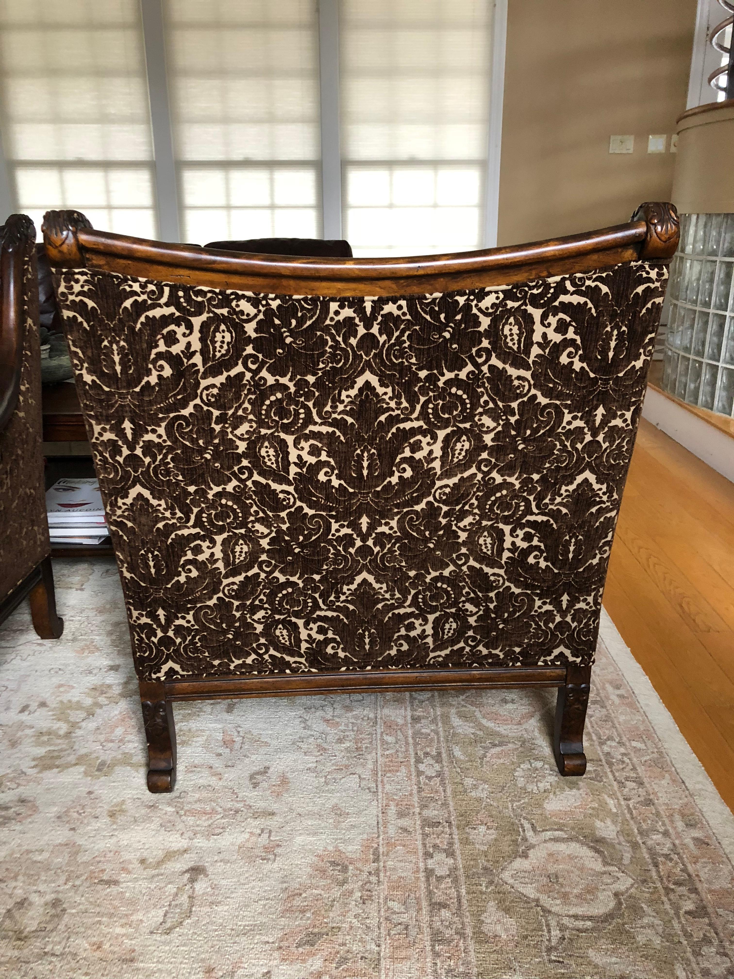 Pair of Classically Beautiful Carved Walnut and Upholstered Club Chairs In Excellent Condition In Hopewell, NJ