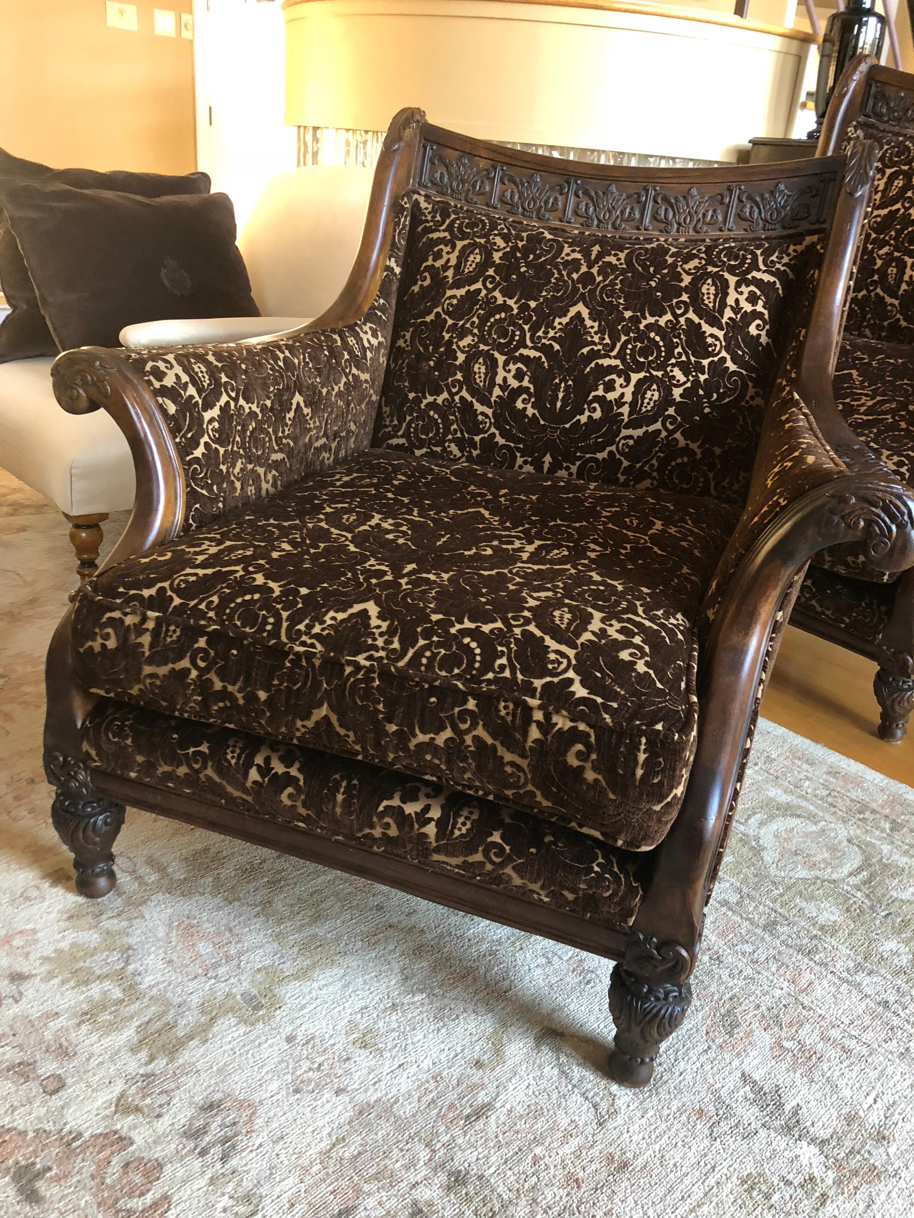 Pair of Classically Beautiful Carved Walnut and Upholstered Club Chairs 1