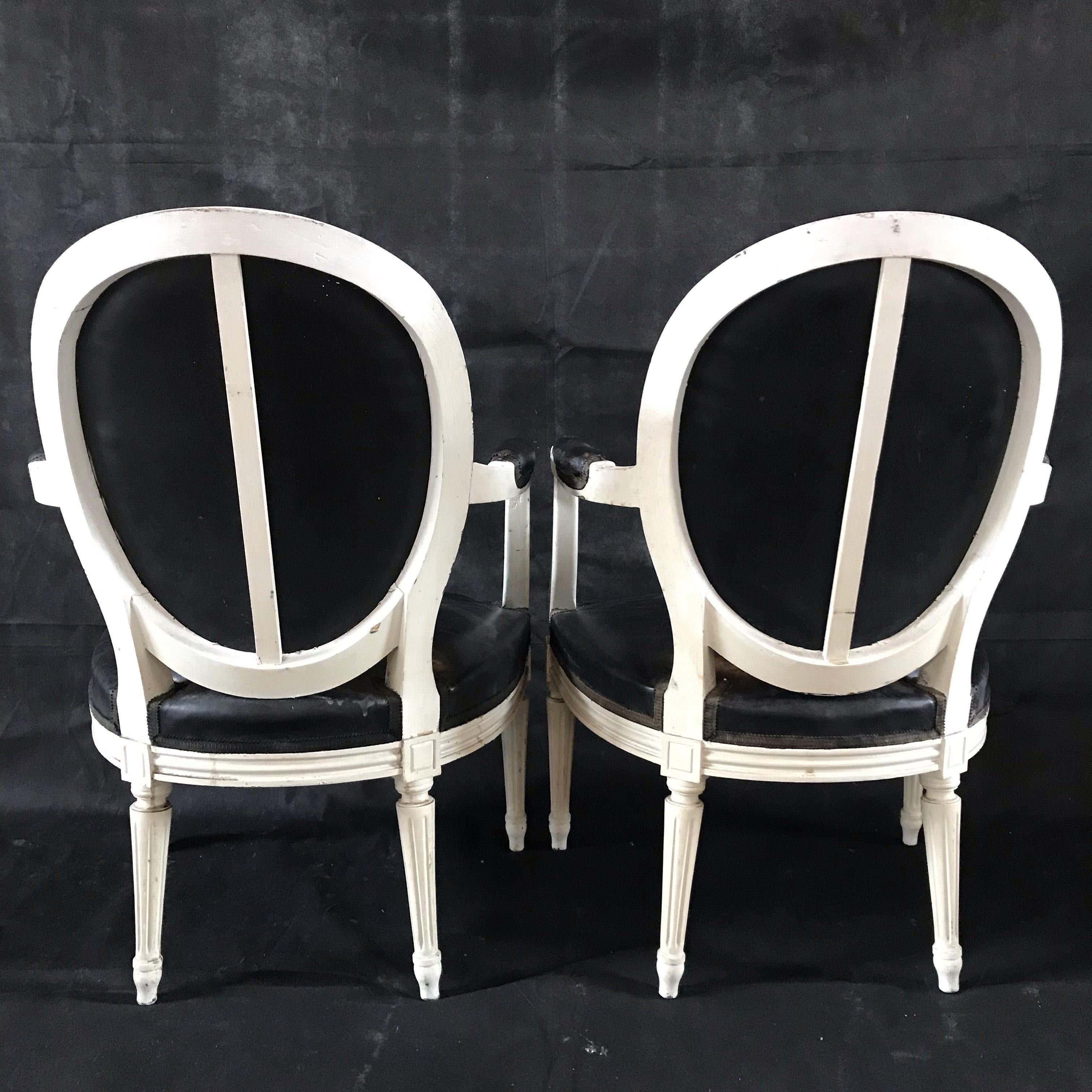 French Pair of Classy Black Leather and White Painted Louis XVI Fauteuils Armchairs