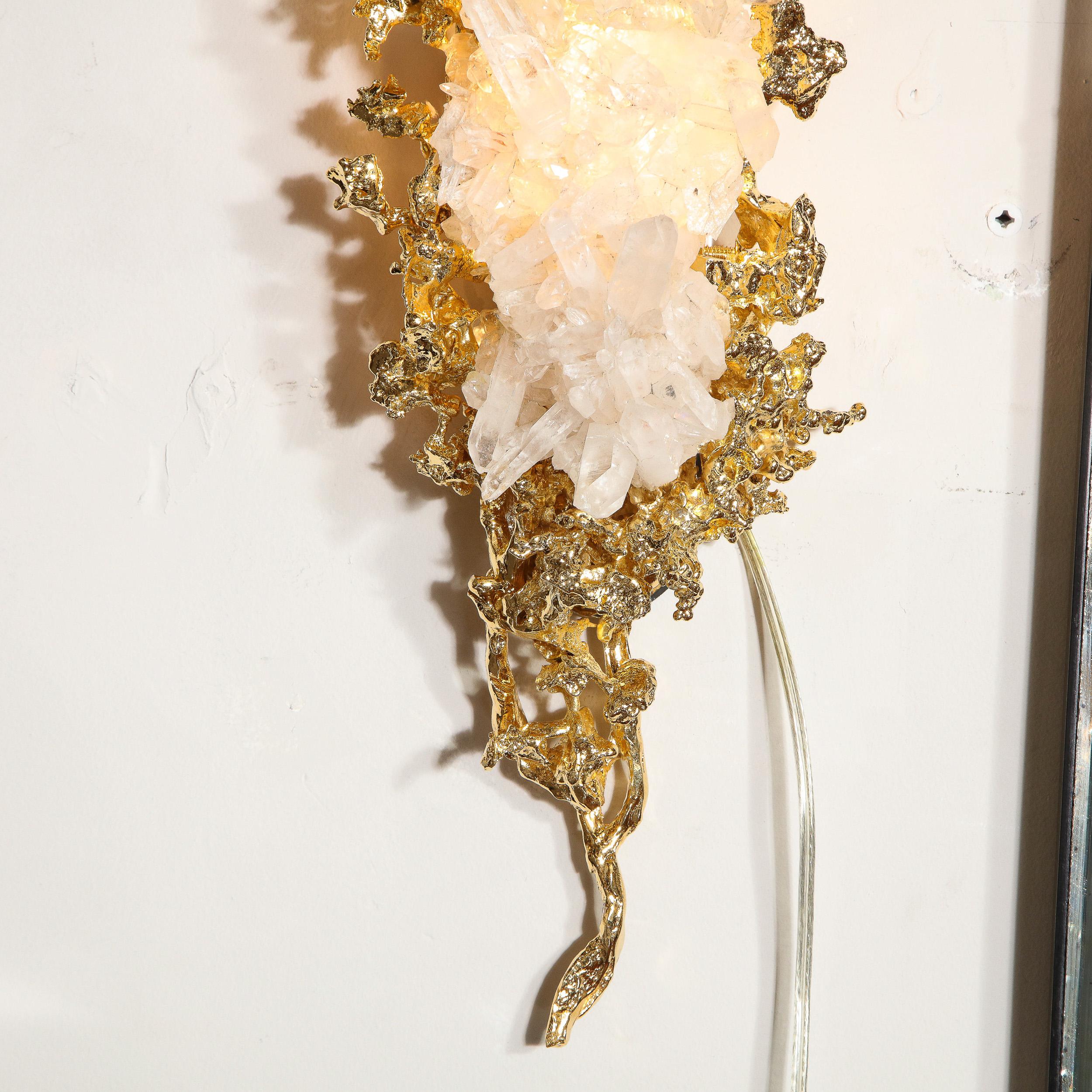 Pair of Claude Boeltz 24kt Gold-Plated Exploded Bronze Sconces w/ Rock Crystals 6