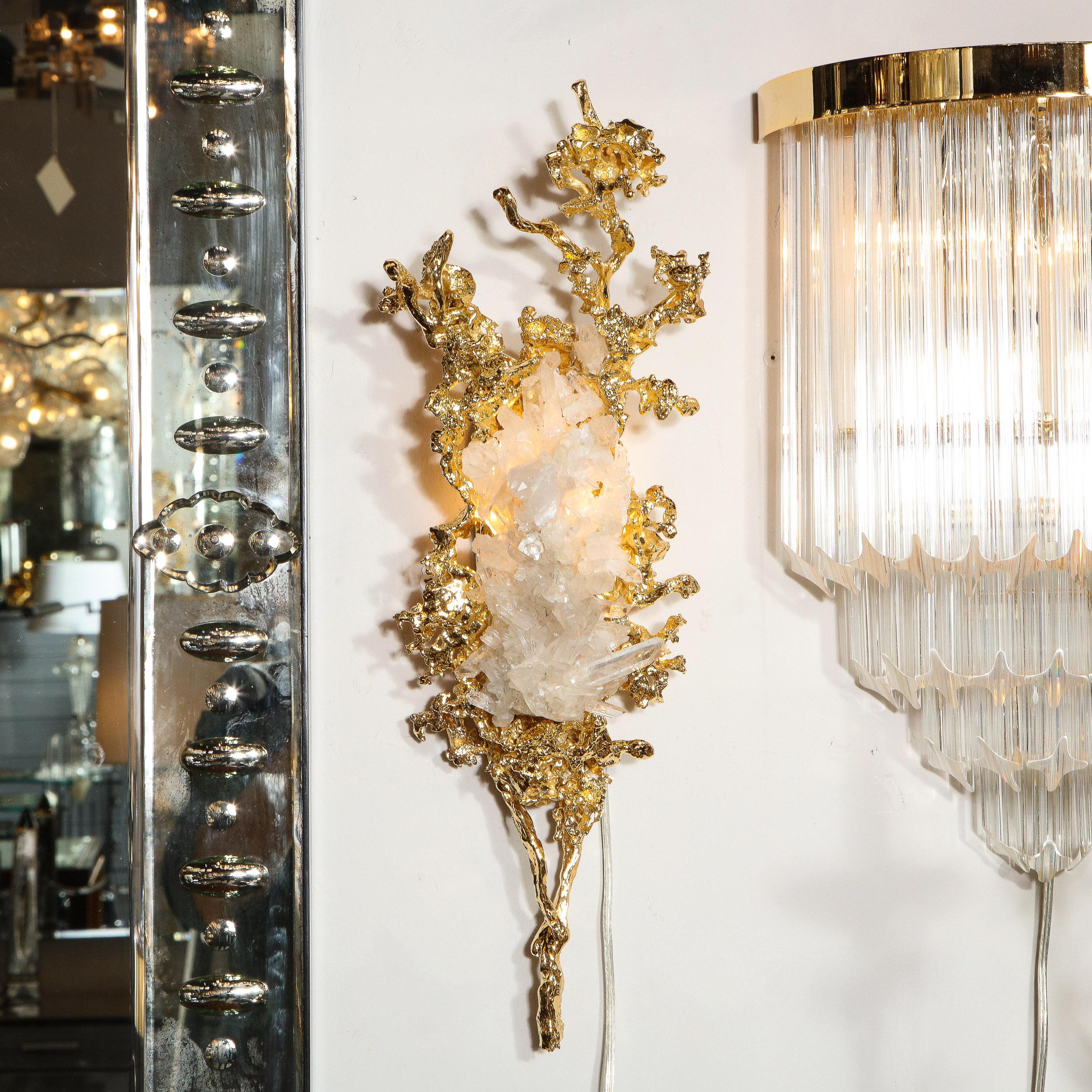 French Pair of Claude Boeltz 24kt Gold-Plated Exploded Bronze Sconces w/ Rock Crystals