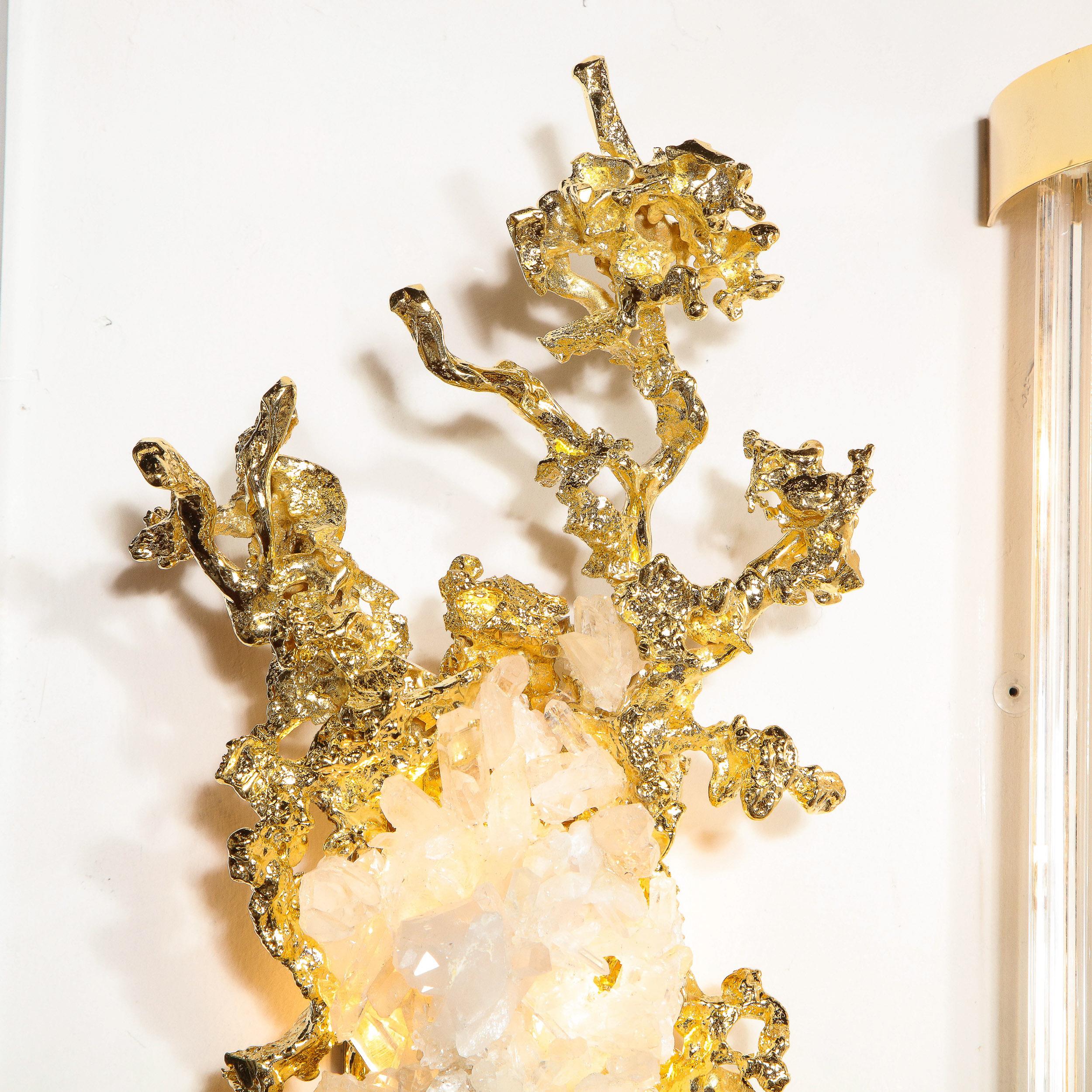 Pair of Claude Boeltz 24kt Gold-Plated Exploded Bronze Sconces w/ Rock Crystals In Excellent Condition In New York, NY