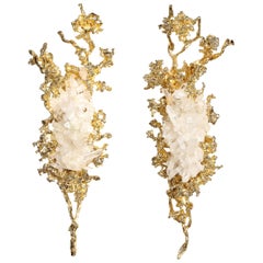 Pair of Claude Boeltz 24kt Gold-Plated Exploded Bronze Sconces w/ Rock Crystals