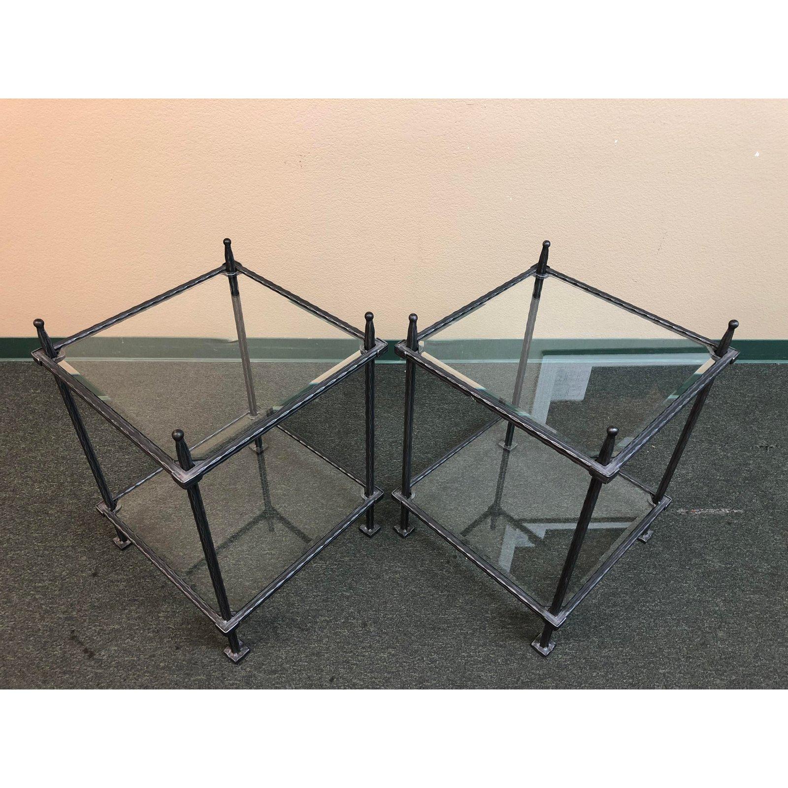 Metal Pair of Claudio Rayes Wrought Iron and Glass Side Tables For Sale