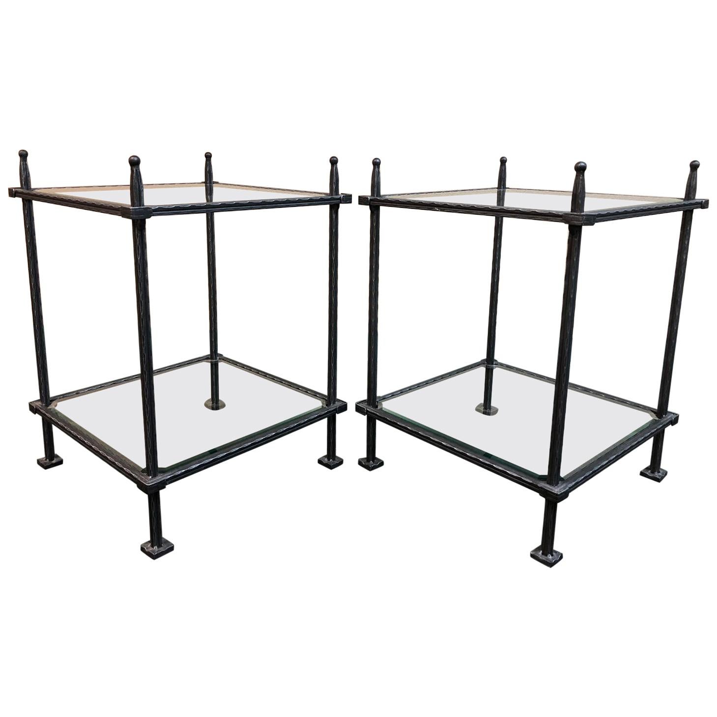 Pair of Claudio Rayes Wrought Iron and Glass Side Tables For Sale