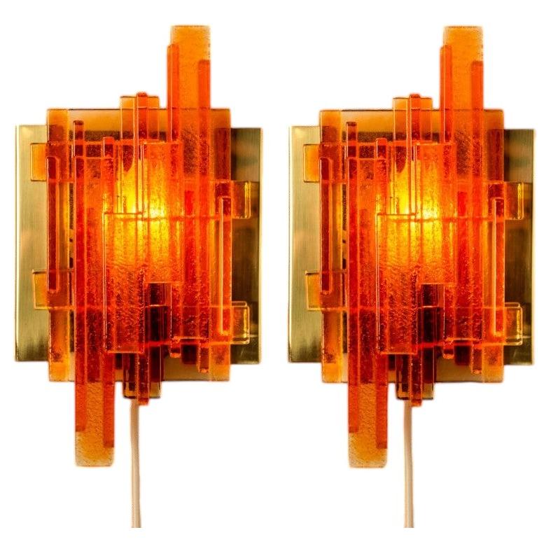 Pair of Claus Bolby Orange Plexiglass Sconces, 1970s For Sale