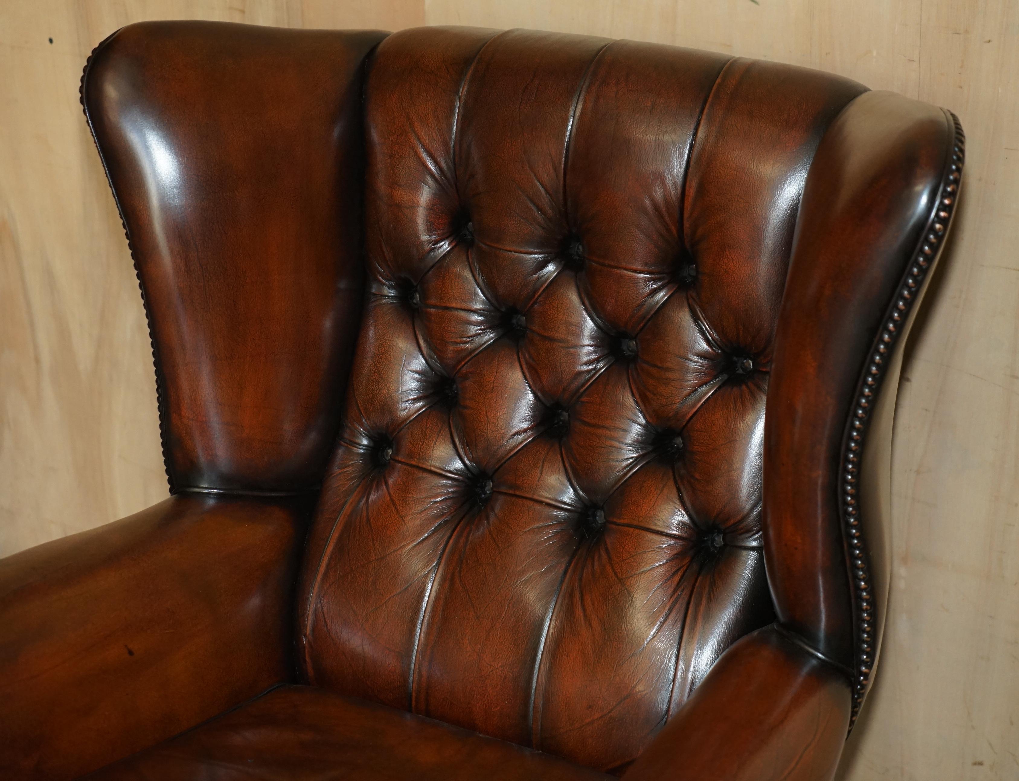 PAIR OF CLAW & BALL FEET CHESTERFIELD TUFTED BROWN LEATHER WINGBACK ARMCHAIRs For Sale 10