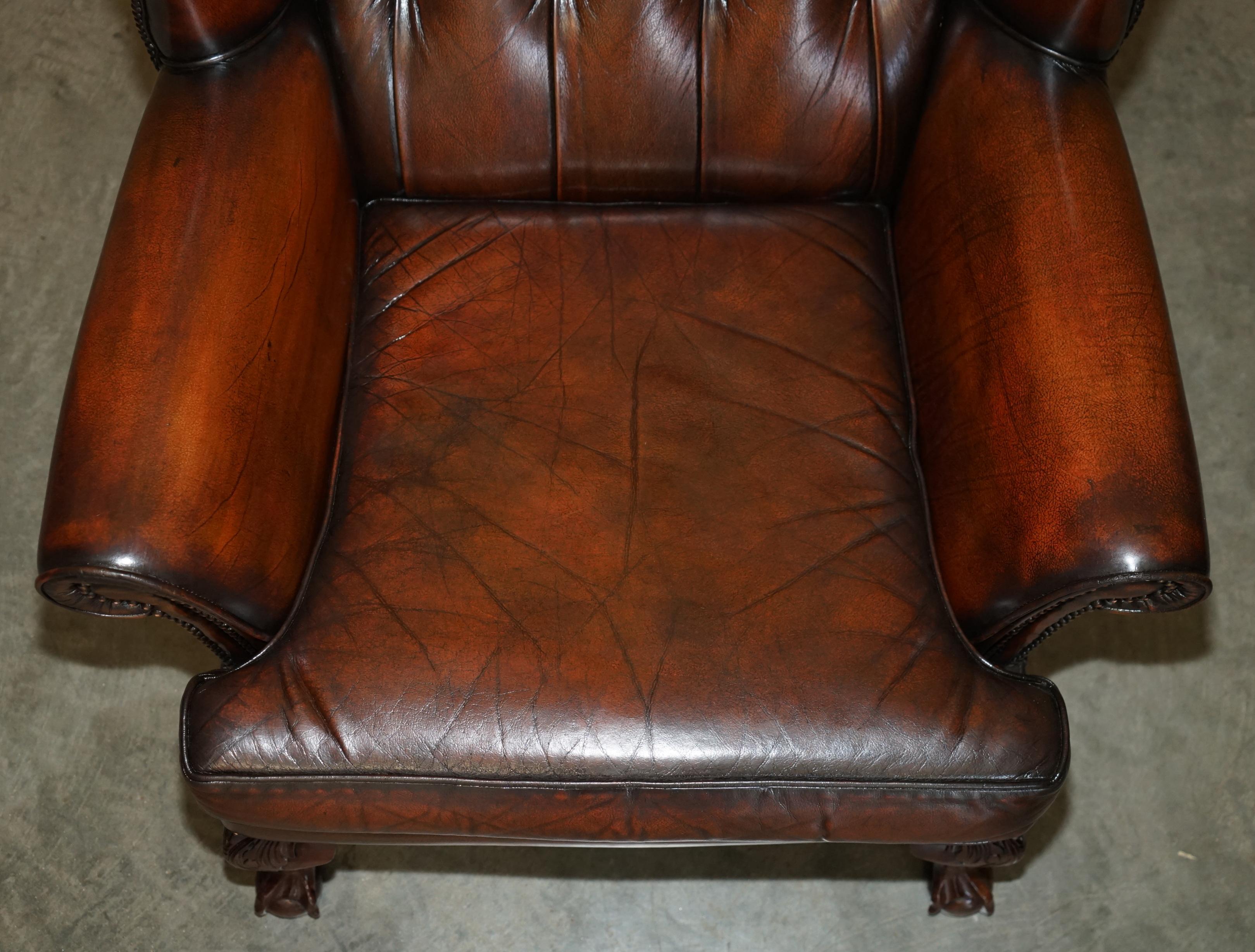 Leather PAIR OF CLAW & BALL FEET CHESTERFIELD TUFTED BROWN LEATHER WINGBACK ARMCHAIRs For Sale