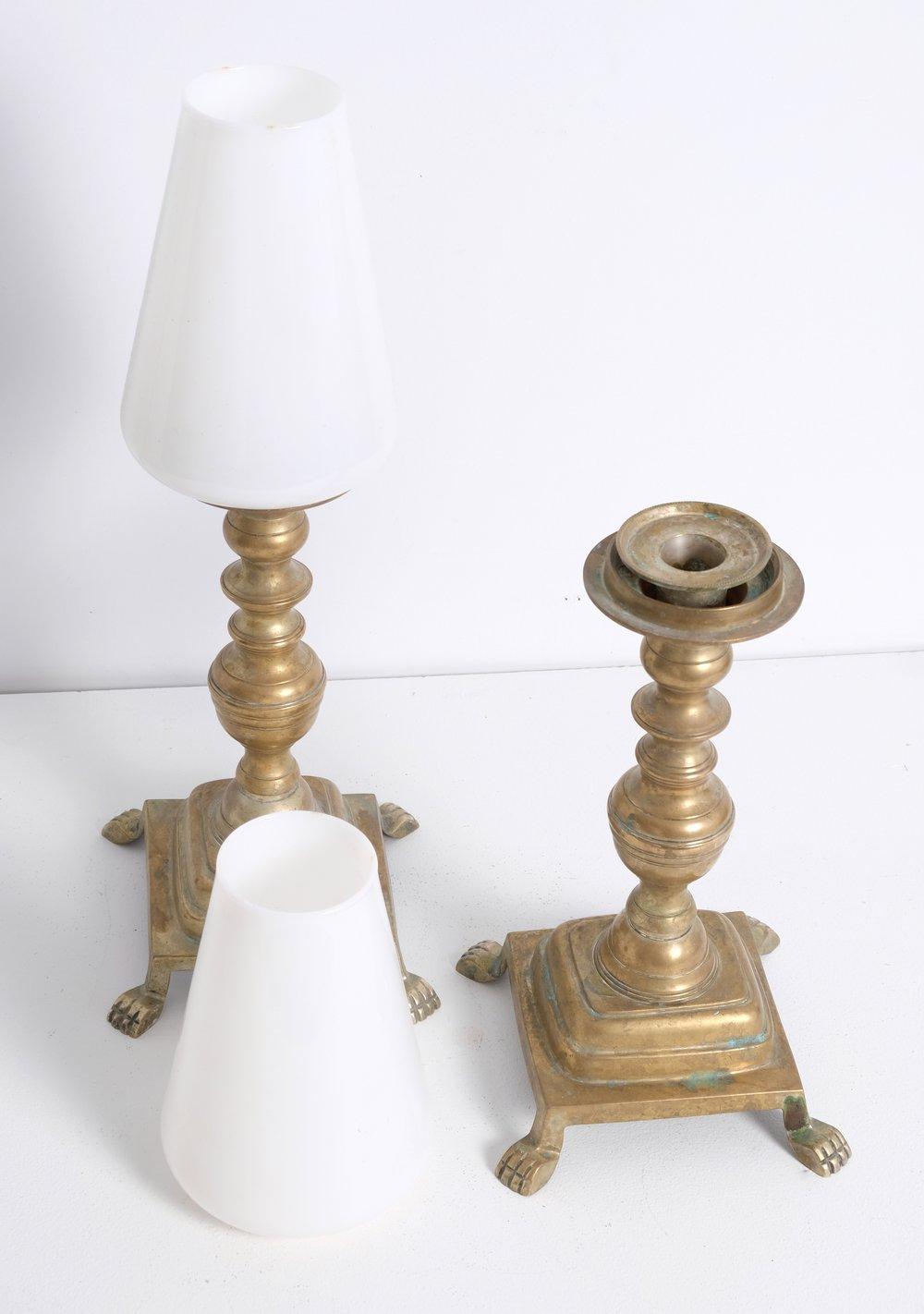 Mid-Century Modern Pair of Claw Footed Antique Brass Storm Lamps For Sale