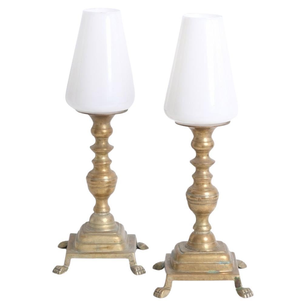 Pair of Claw Footed Antique Brass Storm Lamps For Sale
