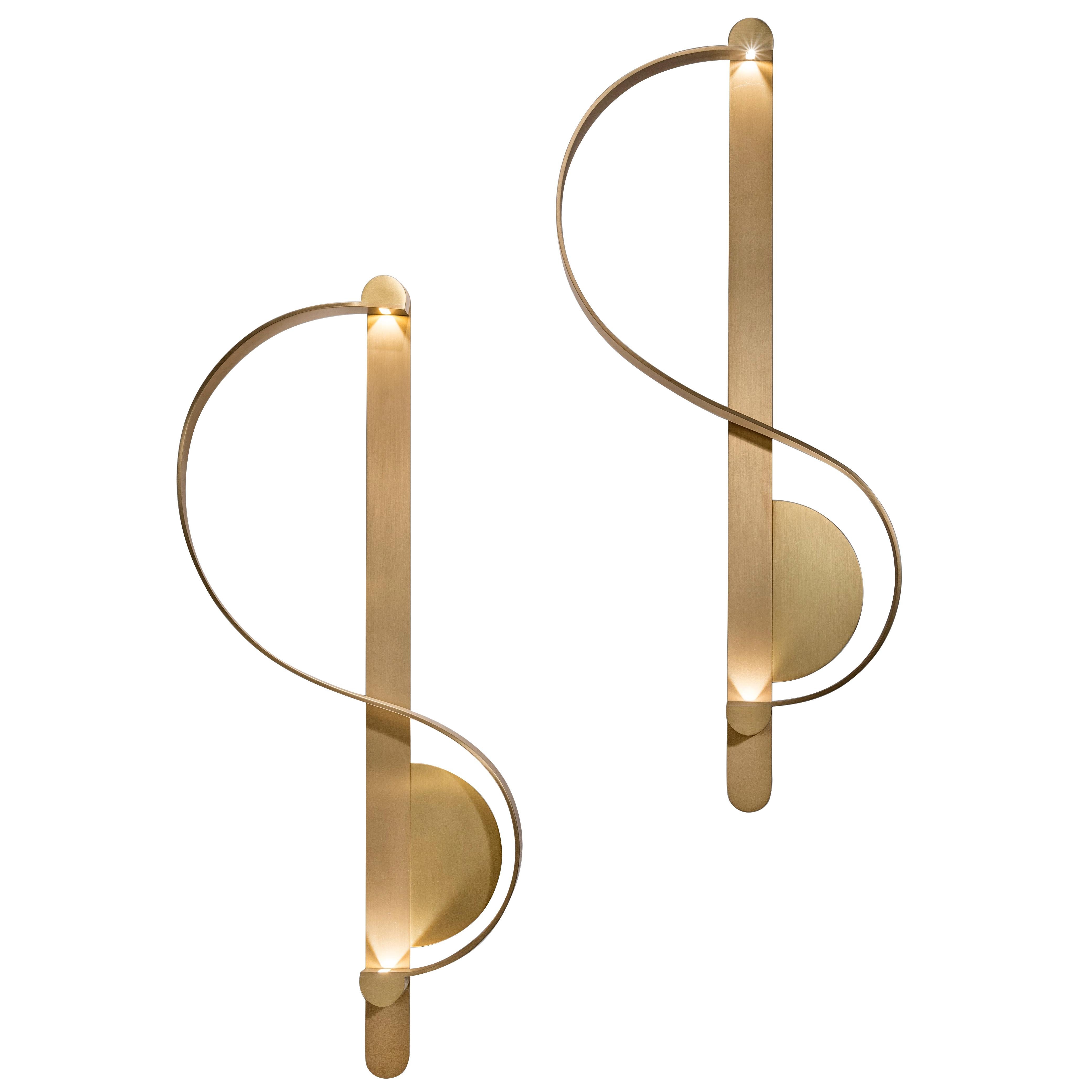 Pair of 'Clé De Sol' Sconces in Gilded Brushed Brass by Charles Kalpakian  For Sale
