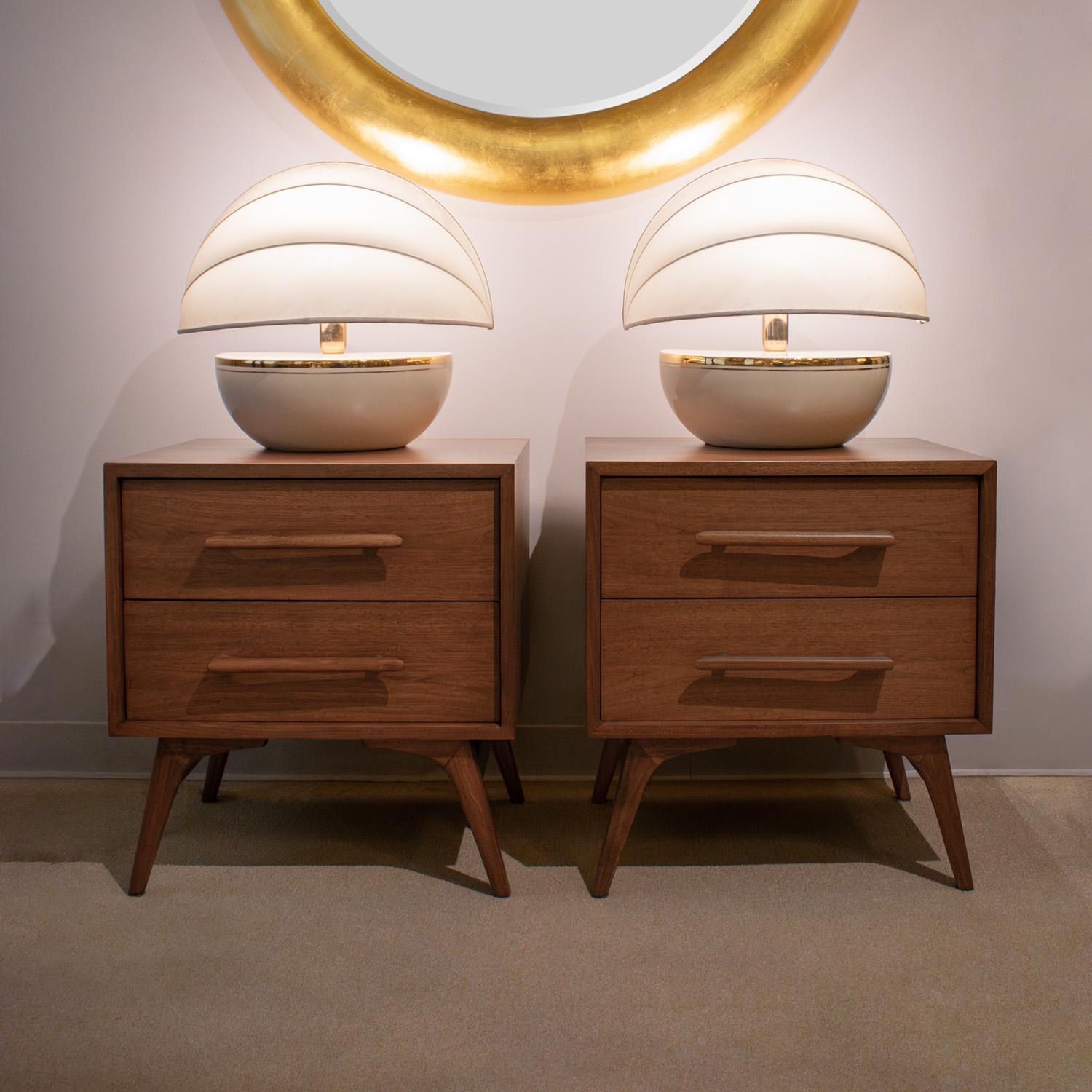 Bronze Pair of Clean Line Bedside Tables in Walnut 1960s For Sale