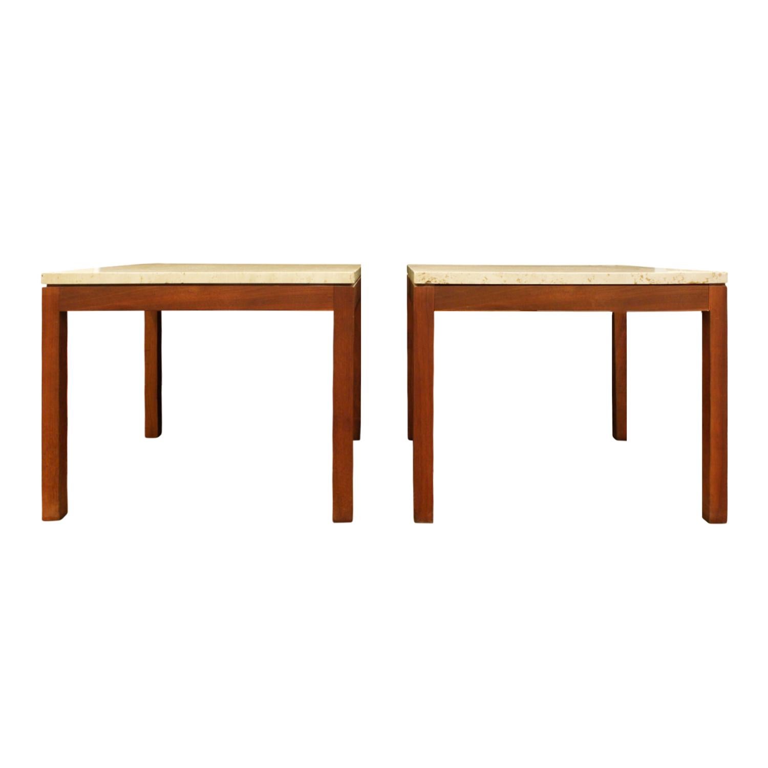 Pair of clean line end tables with bases in teak and tops in Italian travertine, American, 1950s.