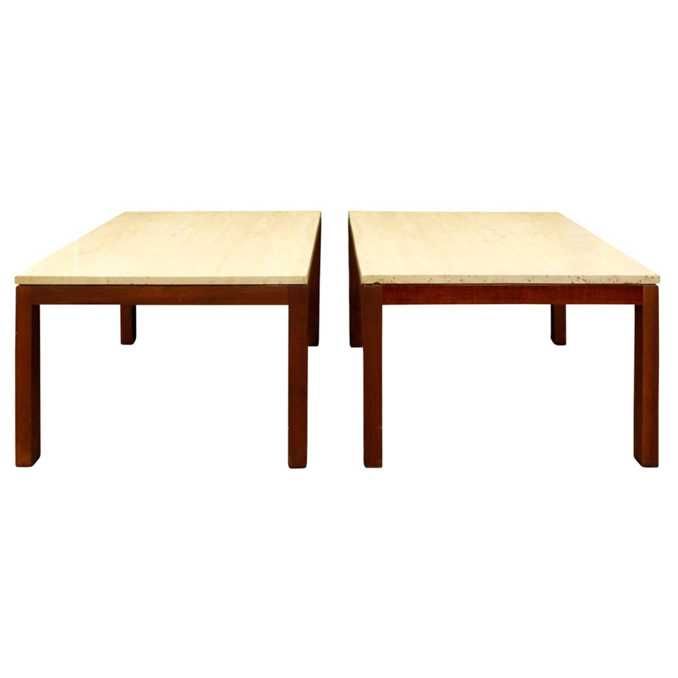 Pair of Clean Line End Tables in Teak and Travertine, 1970s