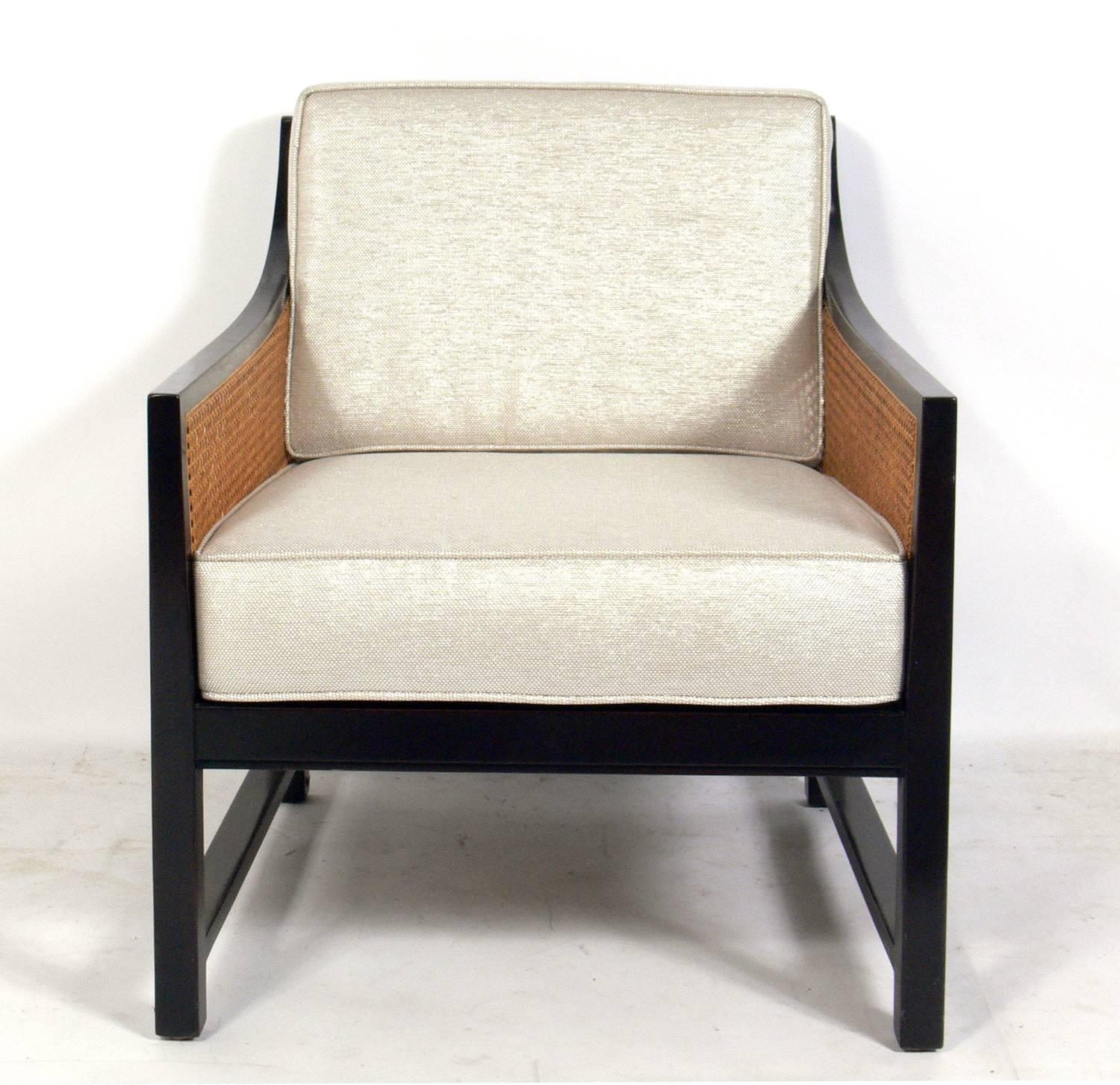 Mid-Century Modern Pair of Clean Lined Caned Lounge Chairs