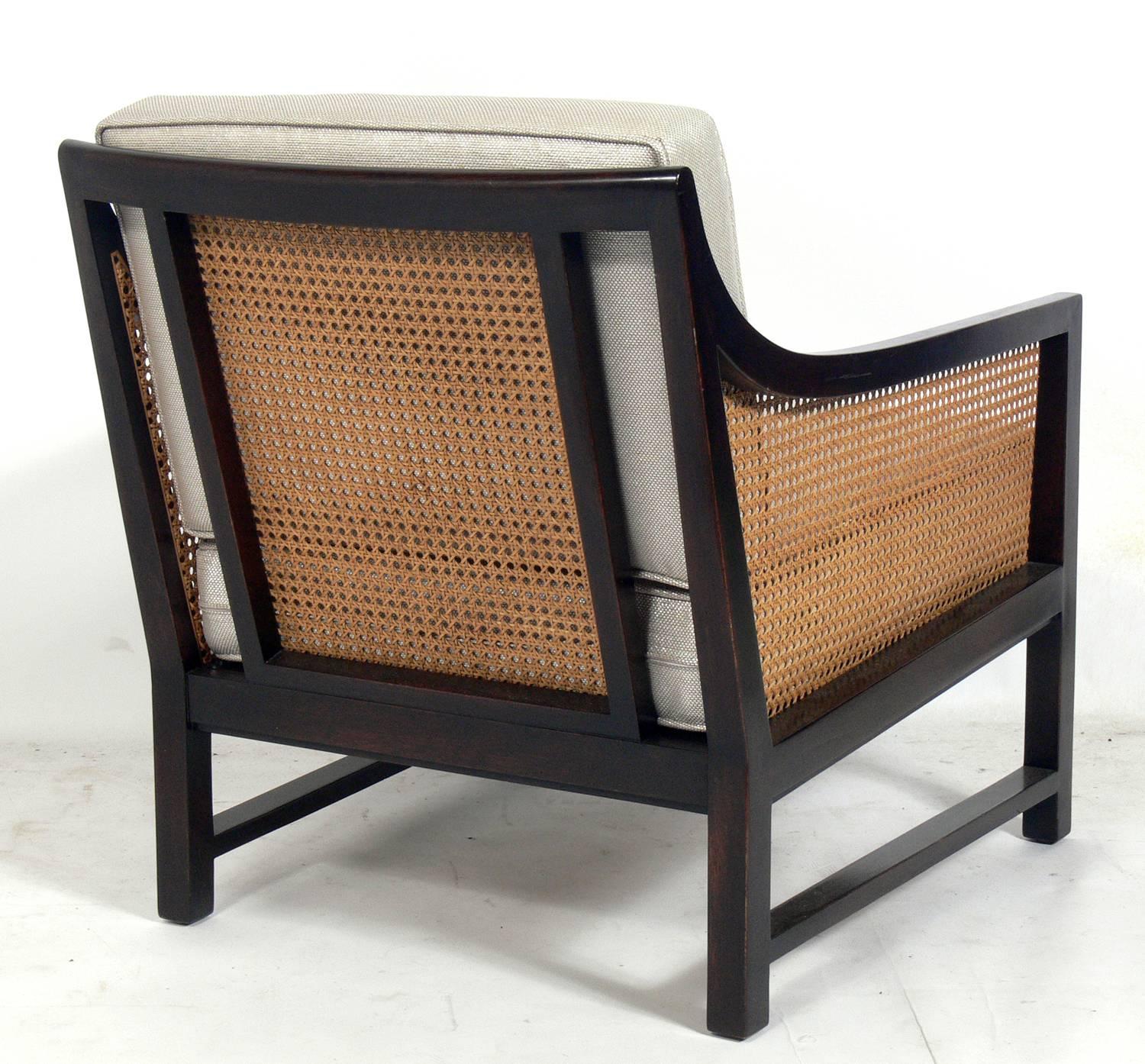 American Pair of Clean Lined Caned Lounge Chairs
