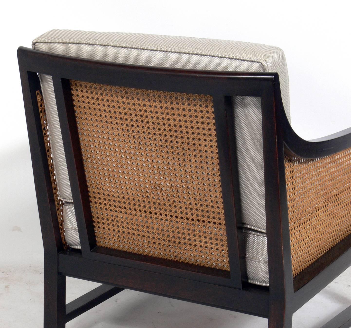 Lacquered Pair of Clean Lined Caned Lounge Chairs