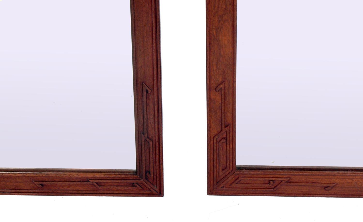 Chinoiserie Pair of Clean Lined Mirrors with Subtle Asian Design