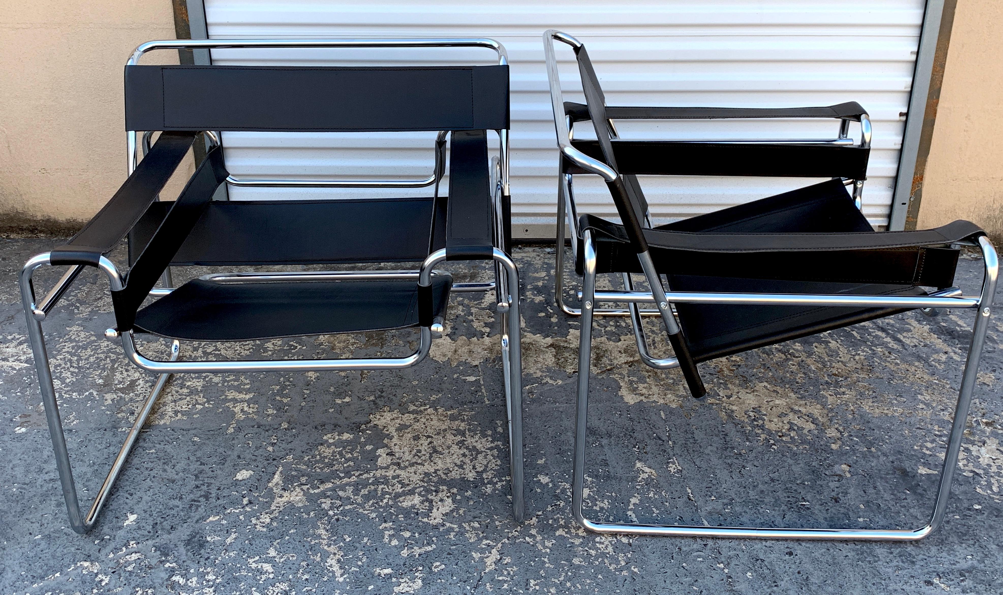 Pair of black leather and chrome B-3 Wassily chairs, after Marcel Breuer, fine quality leather and bright chrome frame.