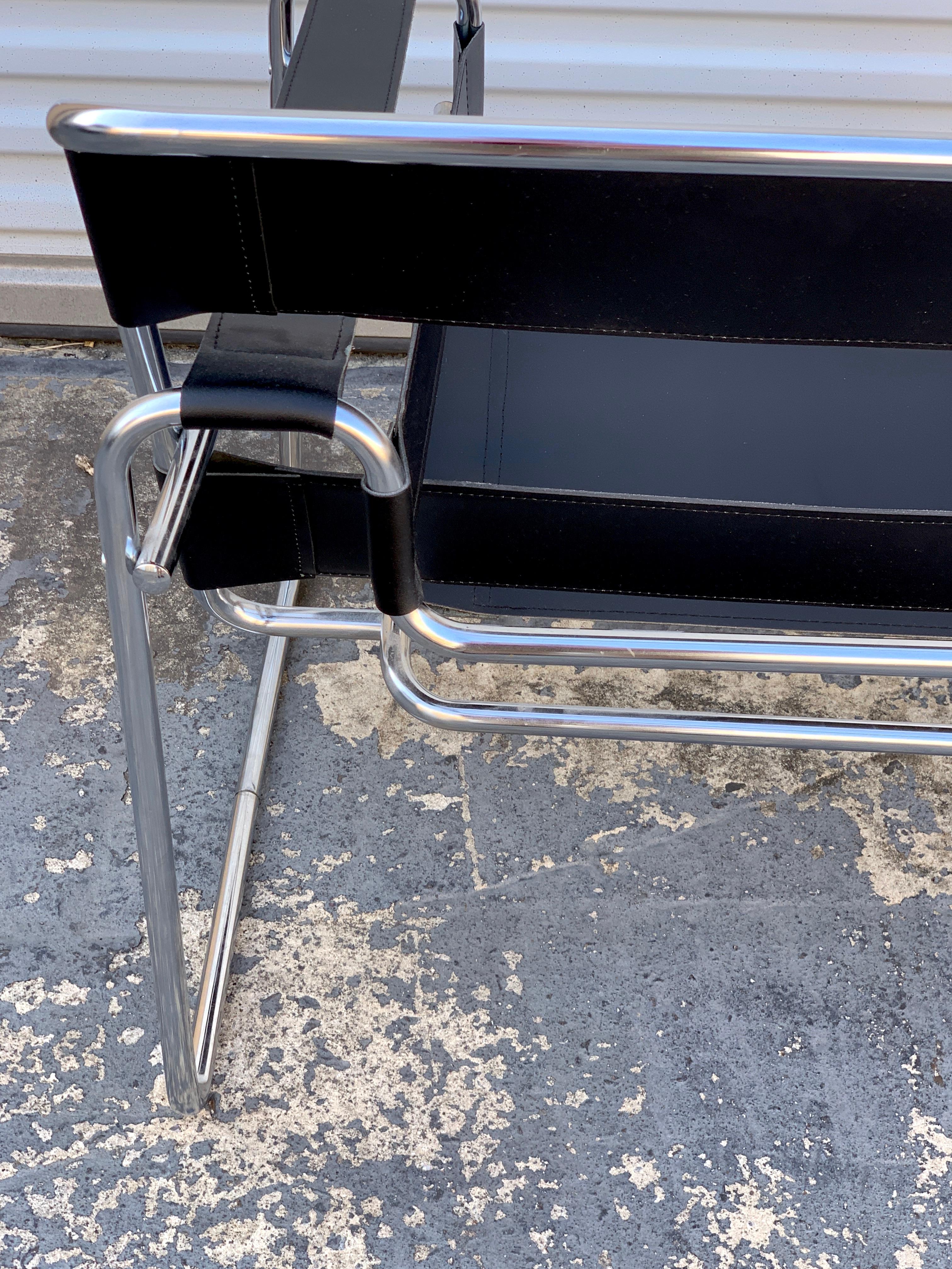 Pair of Clean Vintage Black Leather and Chrome B-3 Wassily Chairs 1