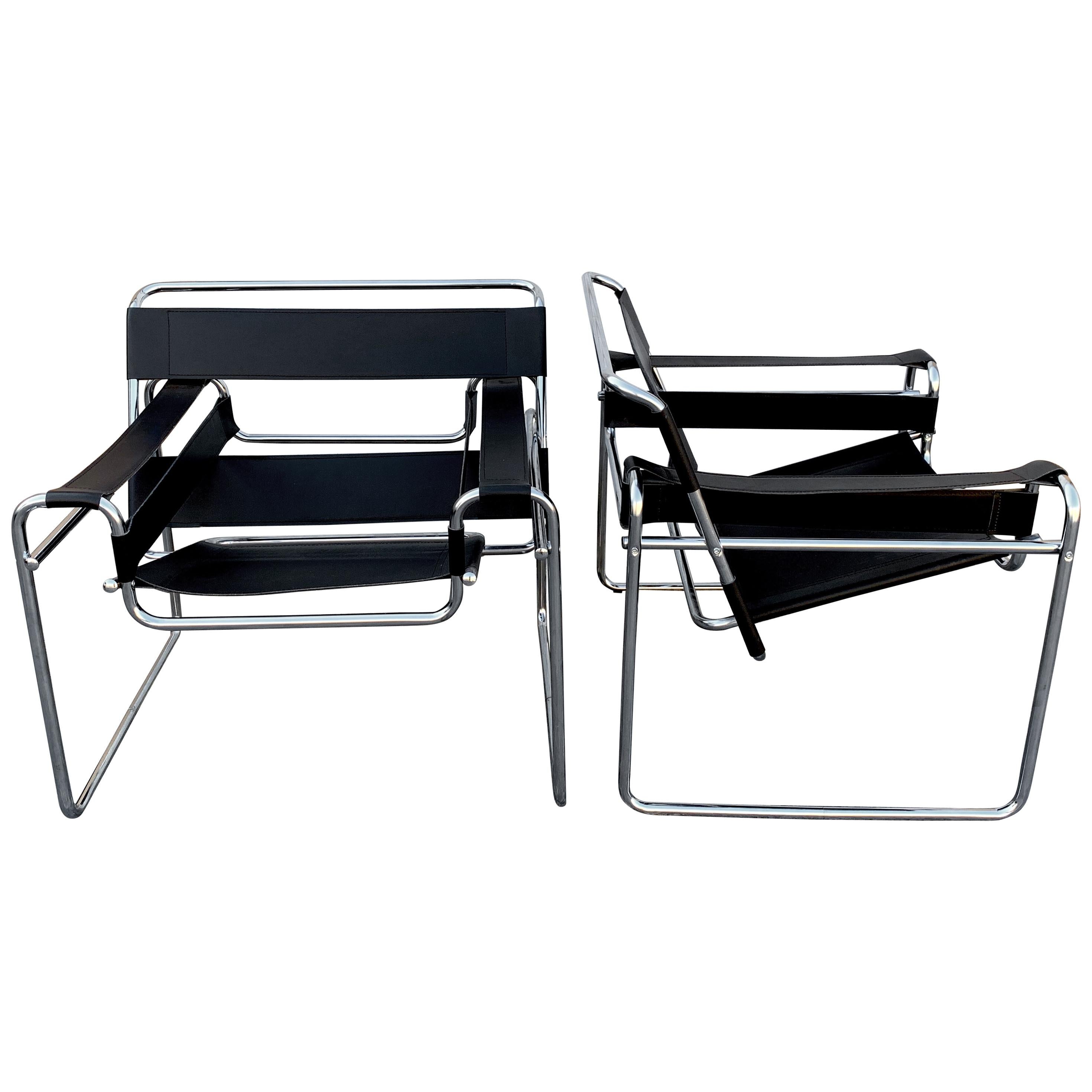 Pair of Clean Vintage Black Leather and Chrome B-3 Wassily Chairs