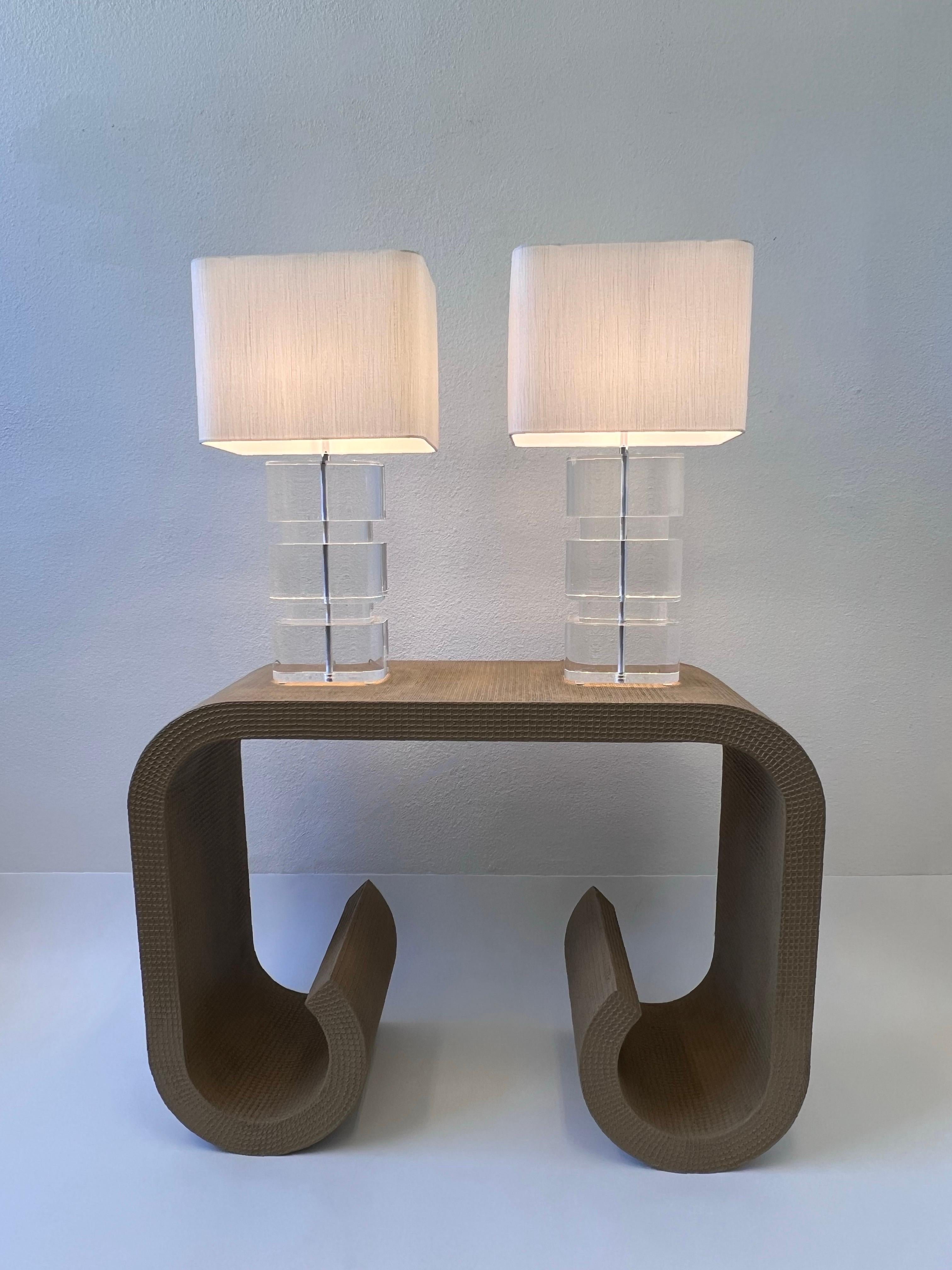 Pair of Clear Acrylic and Chrome Table Lamps by Karl Springer  For Sale 4