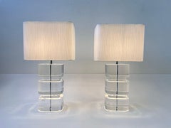 Pair of Clear Acrylic and Chrome Table Lamps by Karl Springer