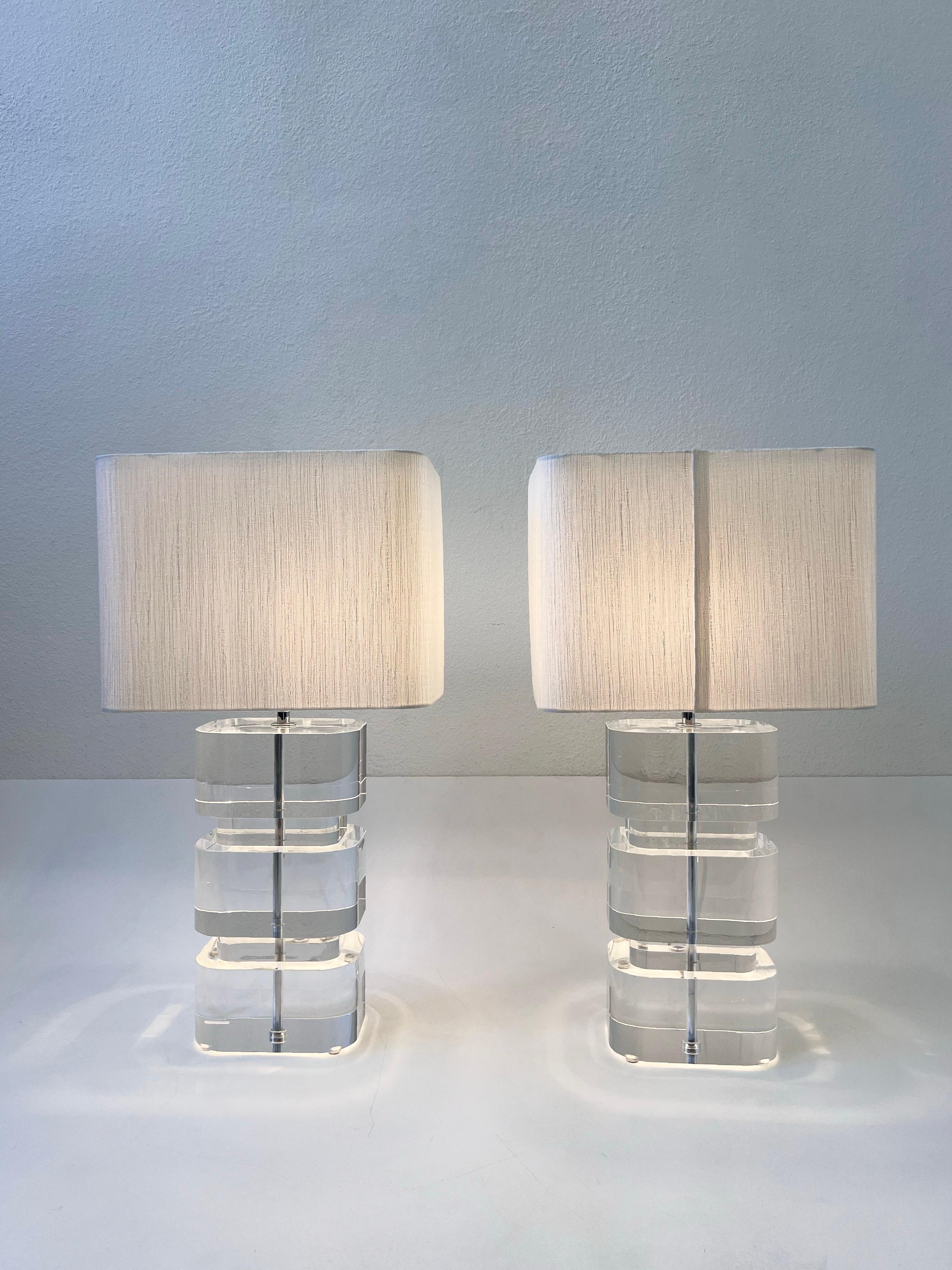 Modern Pair of Clear Acrylic and Chrome Table Lamps by Karl Springer  For Sale