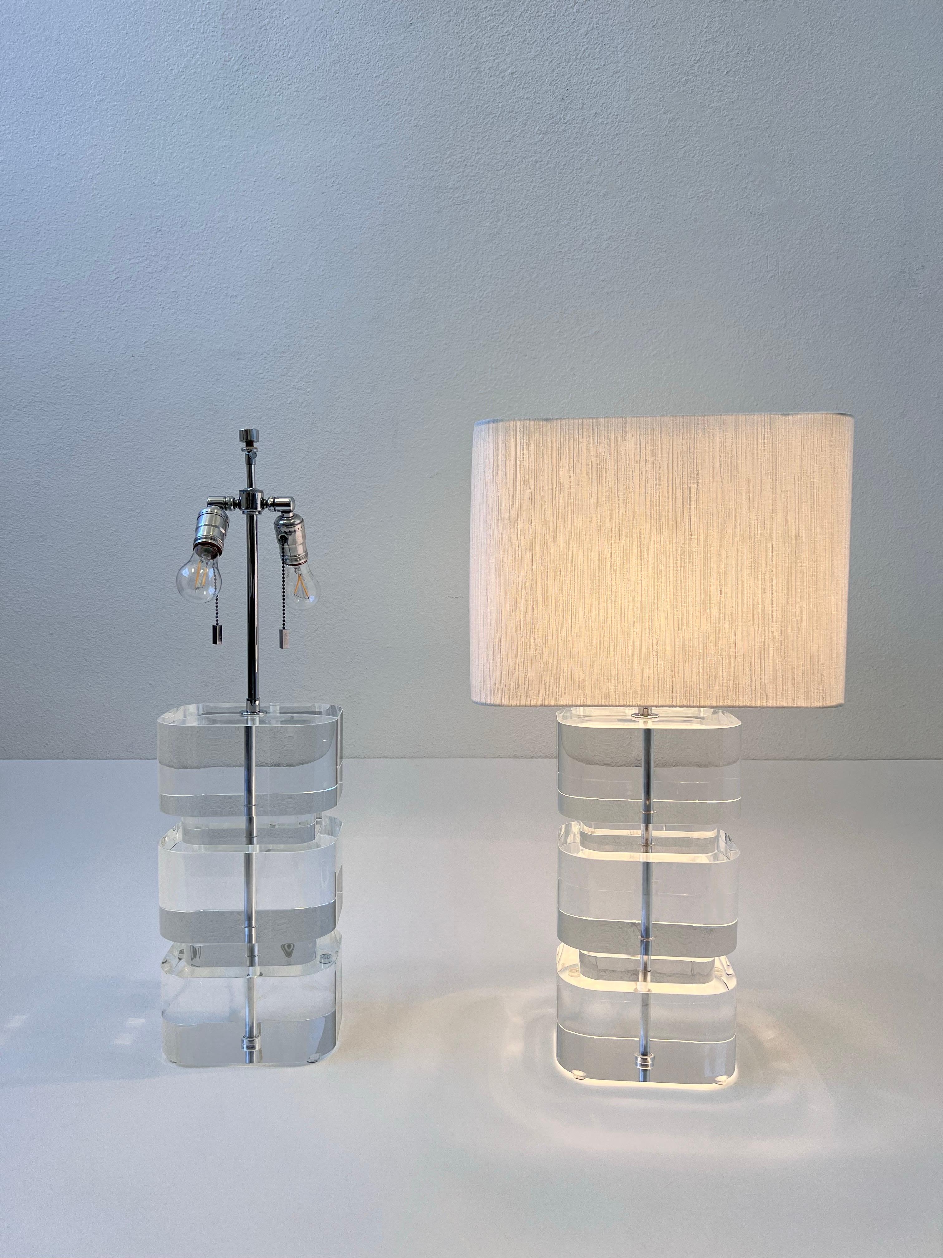 Silk Pair of Clear Acrylic and Chrome Table Lamps by Karl Springer  For Sale
